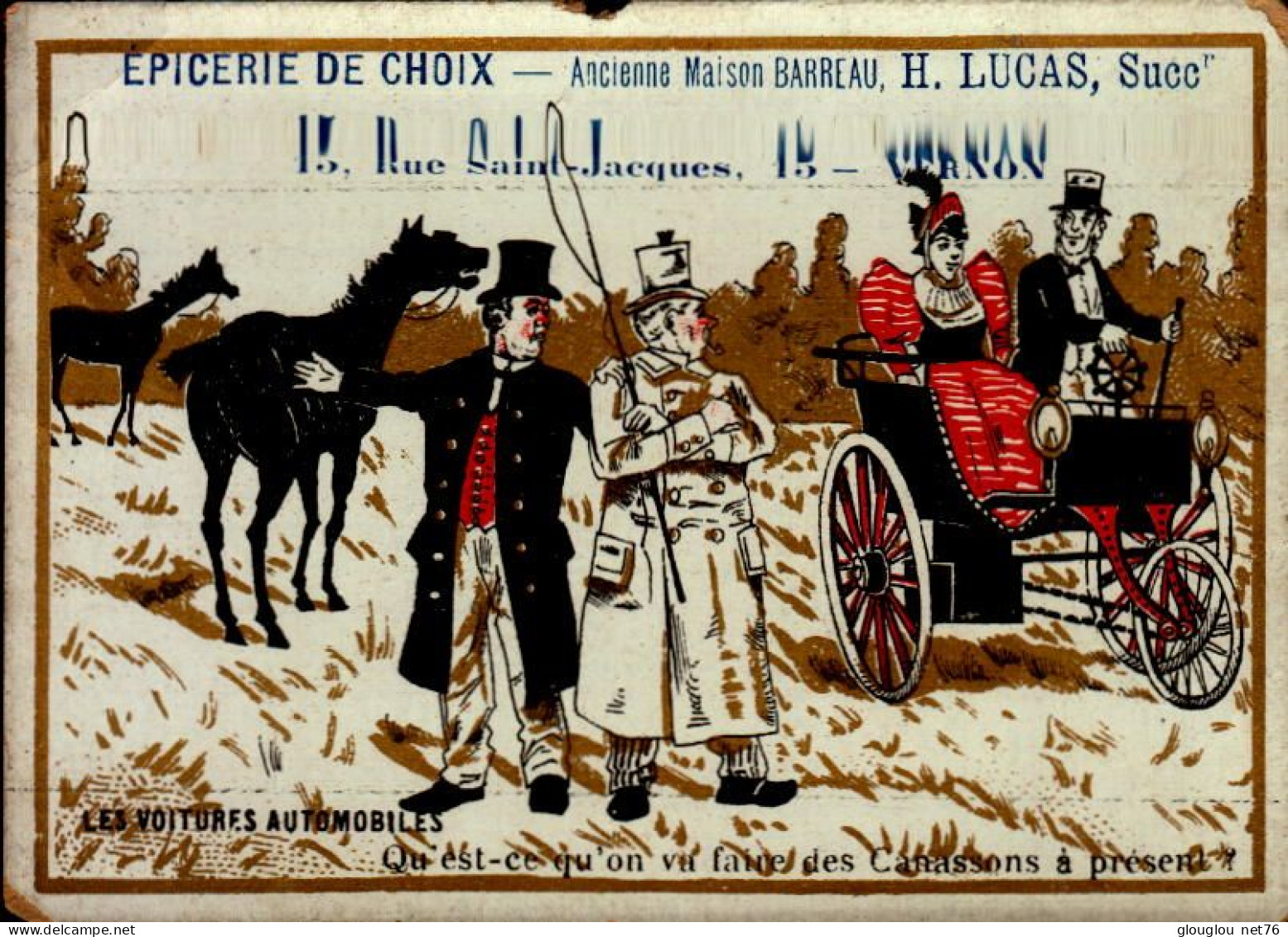 CHROMO. EPICERIE DE CHOIX..H.LUCAS A VERNON...LES VOITURES AUTOMOBILES...DOS VIERGE - Autres & Non Classés