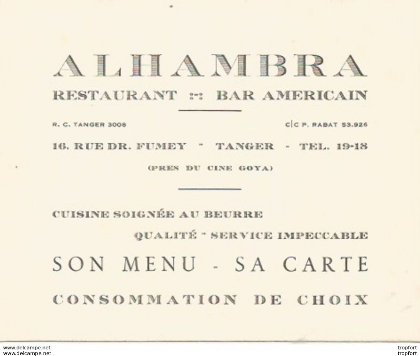 CO / Carte De VISITE Ancienne ALHAMBRA Restaurant Bar Américain TANGER Rue Du Dr Fumey MAROC - Visitekaartjes