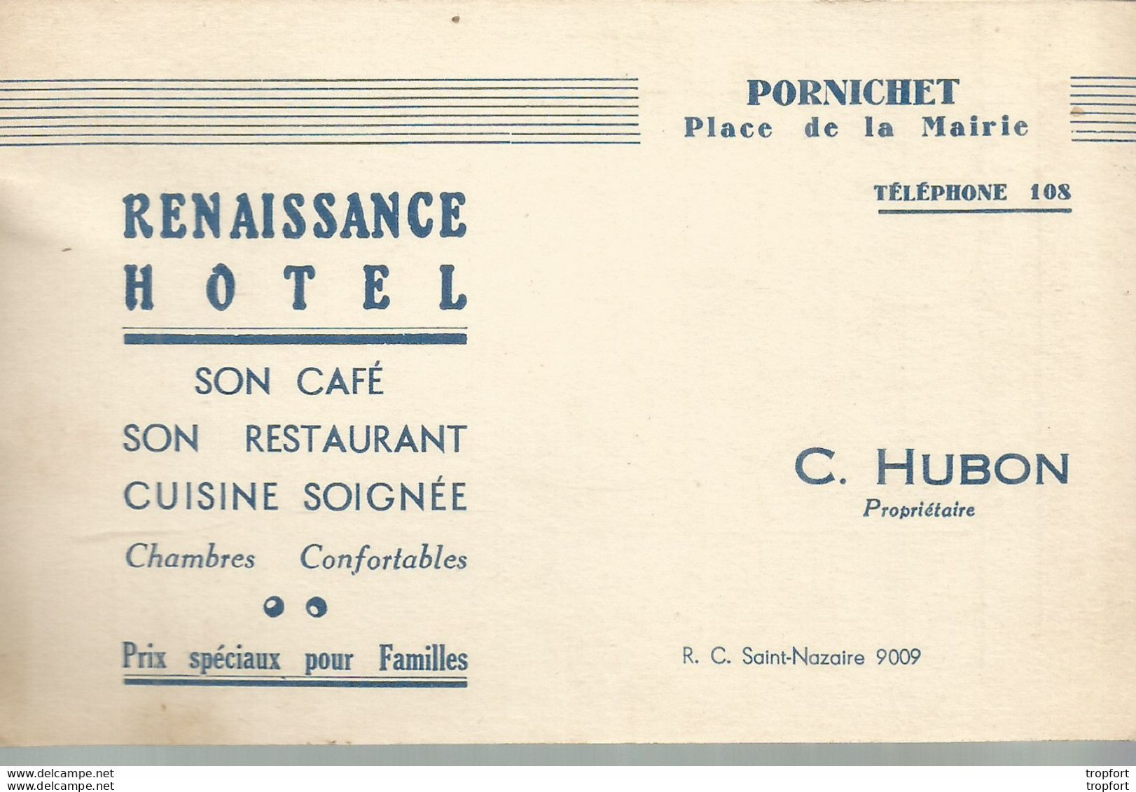PS / Carte De Visite Ancienne 1936 PORNICHET Renaissance HOTEL Café Restaurant Hôtel C.HUBON St NAZAIRE - Cartes De Visite