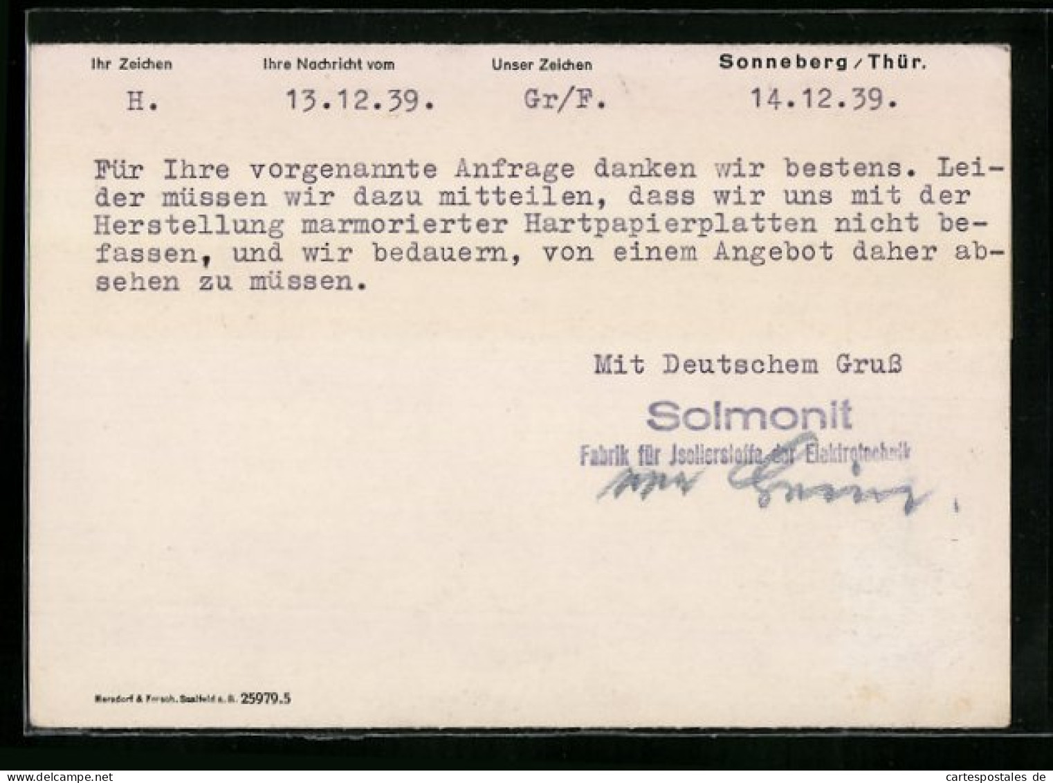 AK Sonneberg /Thür., Solmonit, Fabrik F. Isolierstoffe Der Elektrotechnik, Korrespondenzkarte  - Sonneberg