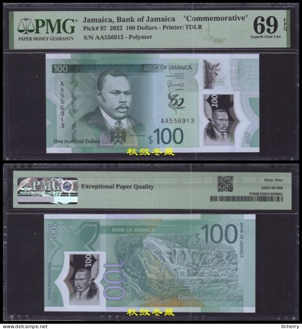 Jamaica 100 Dollars 2023, Polymer, Commemorative, AA Prefix, PMG69 - Jamaica