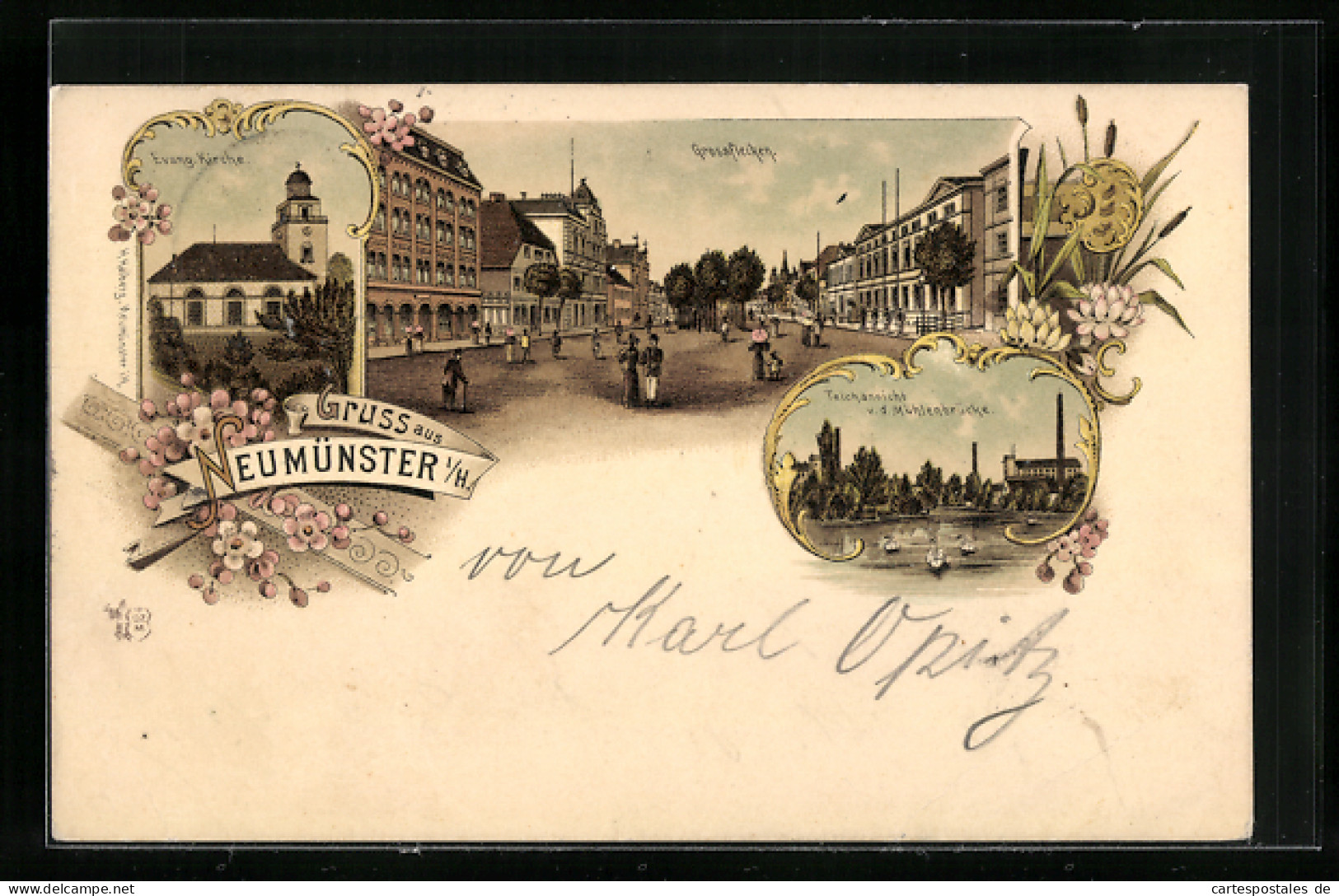 Lithographie Neumünster I. H., Evang. Kirche, Grossflecken Und Teichansicht V. D. Mühlenbrücke  - Neumünster