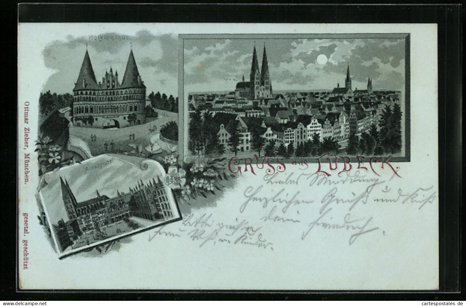 Mondschein-Lithographie Lübeck, Holstenthor, Marktplatz, Panorama  - Luebeck