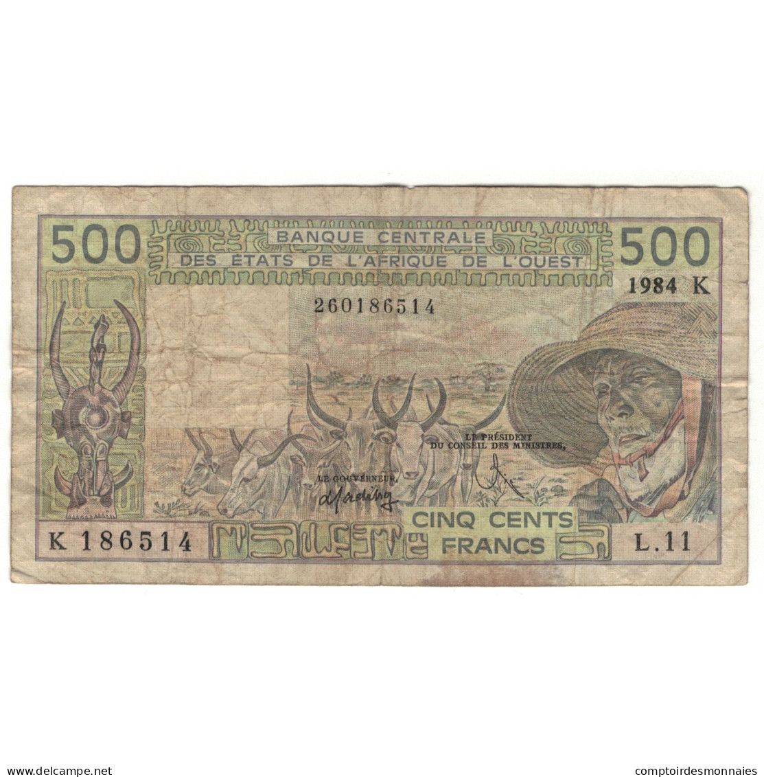 Billet, West African States, 500 Francs, 1984, KM:706Kg, TB - États D'Afrique De L'Ouest