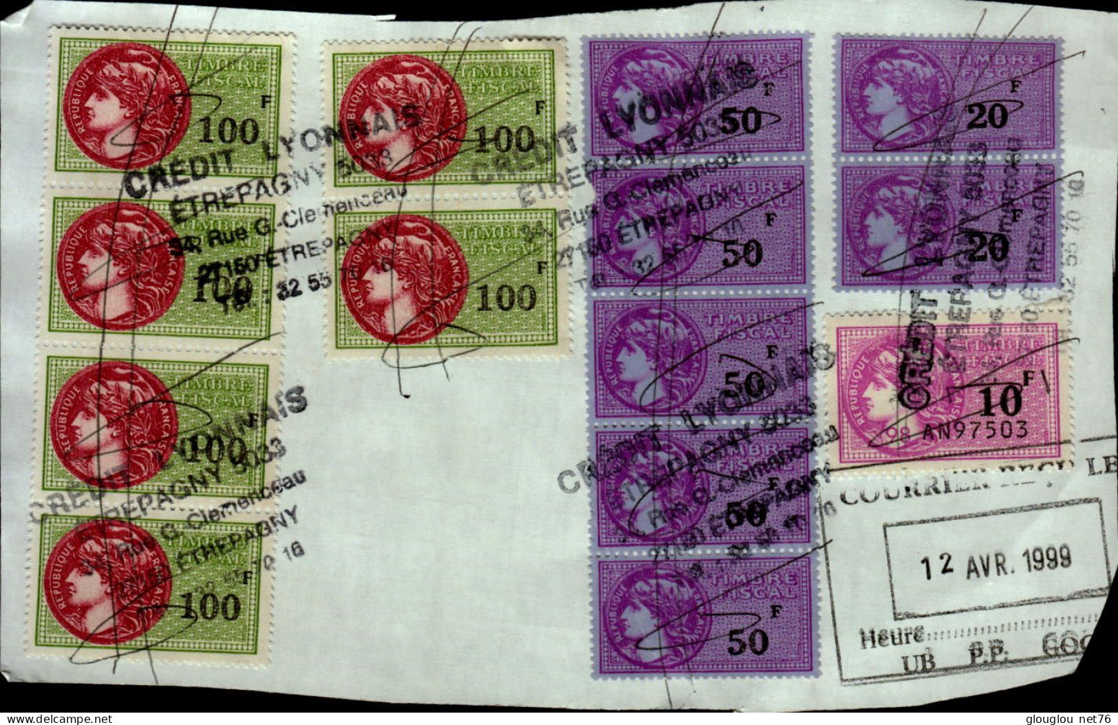 6 TIMBRES FISCAUX A 100F,5 TIMRES A 50F,2 TIMBRES A 20F,1 TIMBRE A 10F....COLLES SUR UNE FEUILLE - Stamps