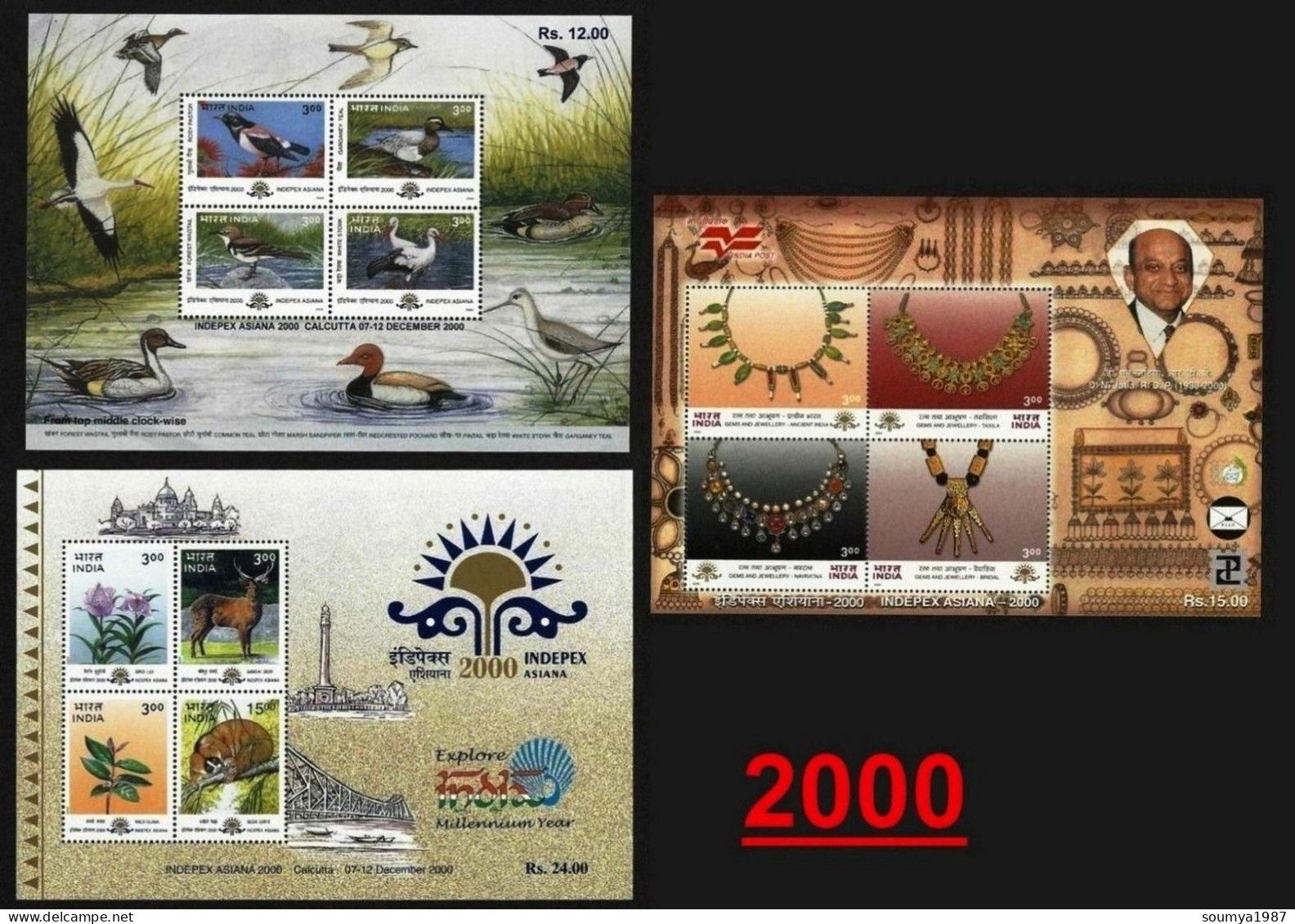 INDIA 2000 COMPLETE YEAR PACK OF MINIATURE SHEETS CONTAINS 3 MS OF FLOWERS, ANIMALS, BIRDS, JUALARY, INDIPEX MS MNH - Ongebruikt