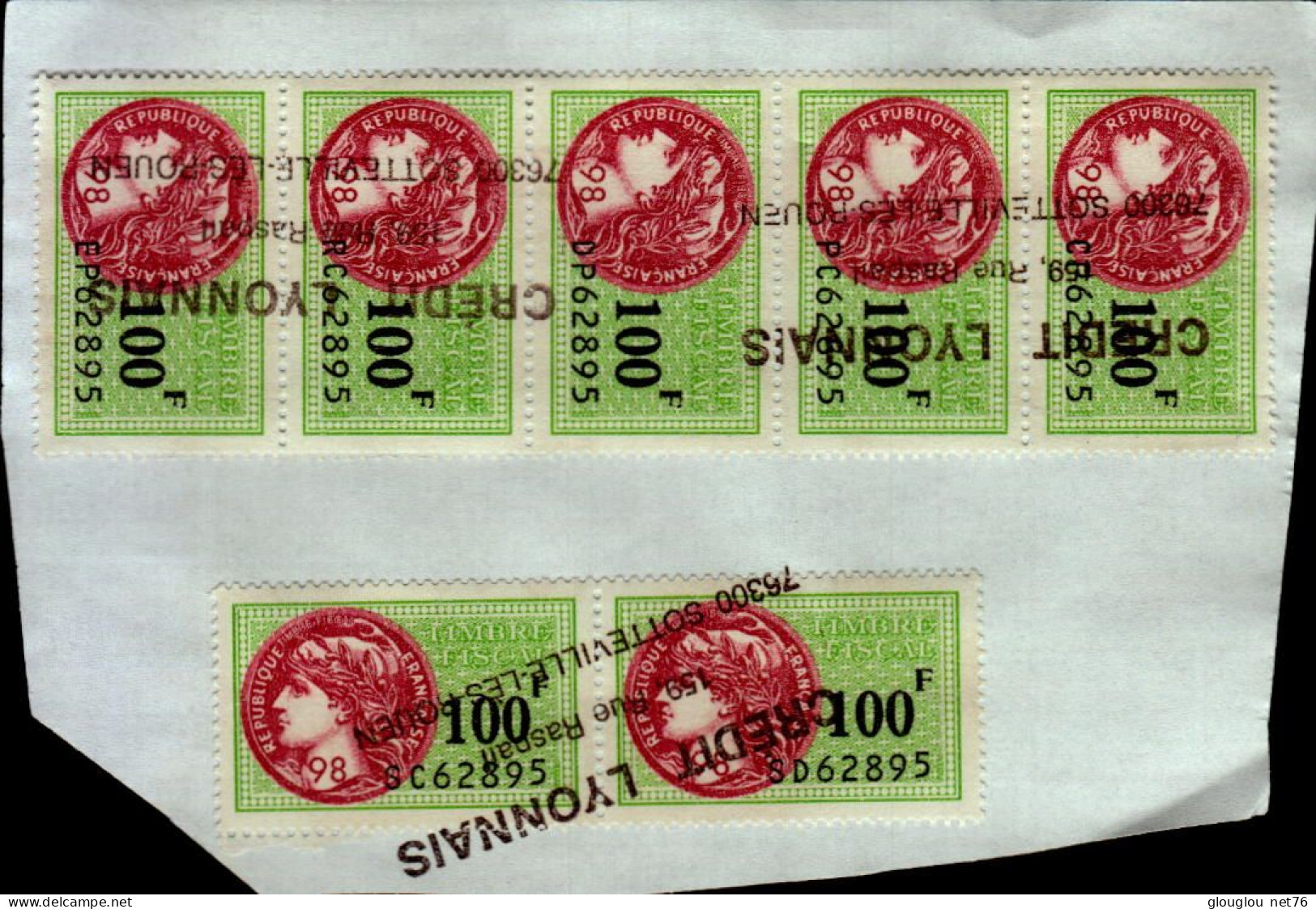 7 TIMBRES FISCAUX A 100F  ..COLLES SUR UNE FEUILLE - Timbres