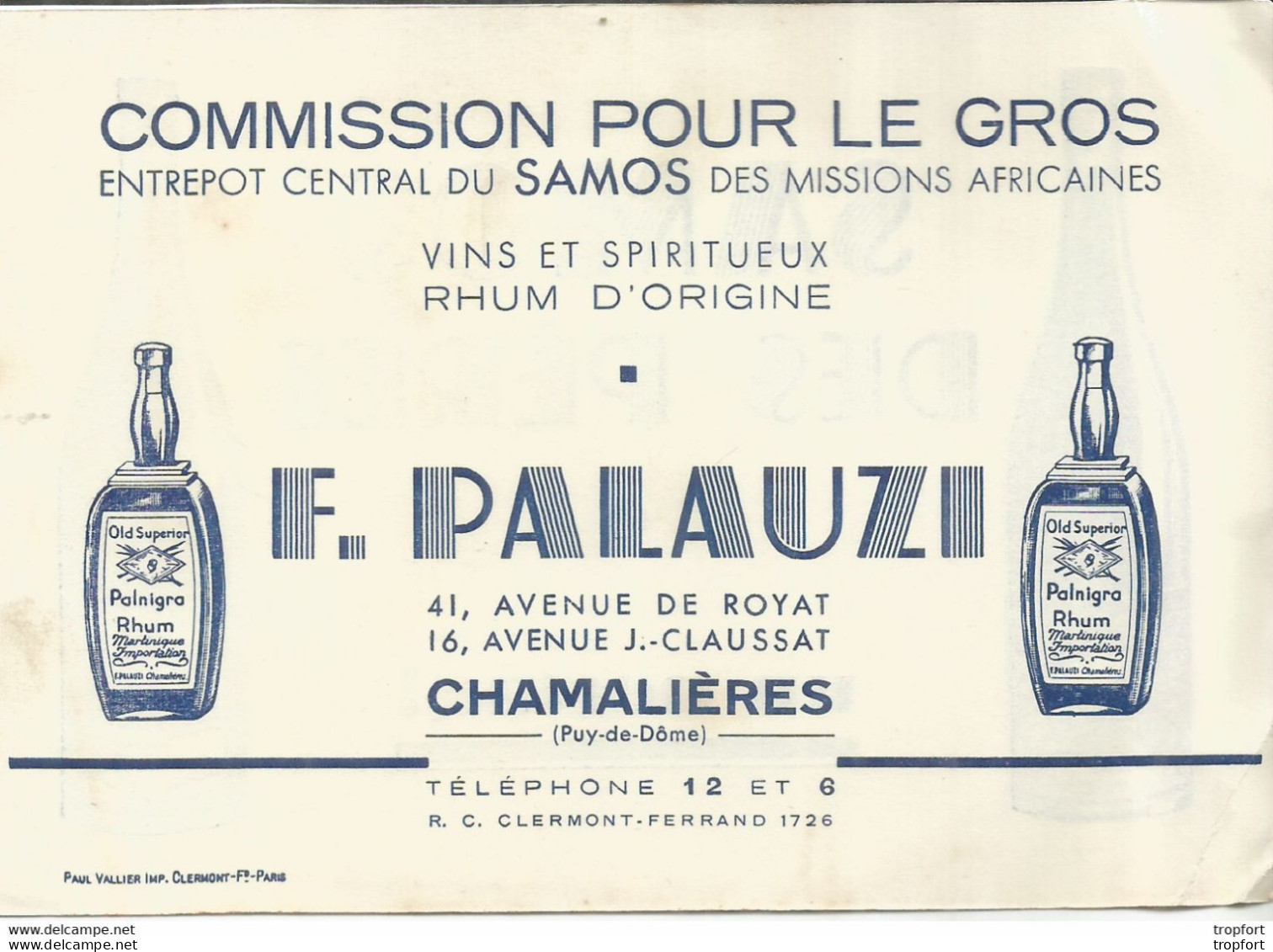 F152 / CDV Carte Publicitaire De Visite PUB Advertising Card / CHAMALIERES F.PALAUZI Vin Rhum PALNIGRA SAMOS DES PERES - Cartoncini Da Visita