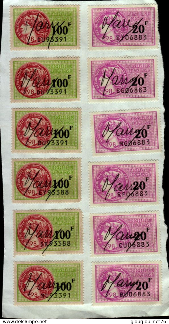 6 TIMBRES FISCAUX A 100F,6 TIMBRES A 20F  ..COLLES SUR UNE FEUILLE - Marken