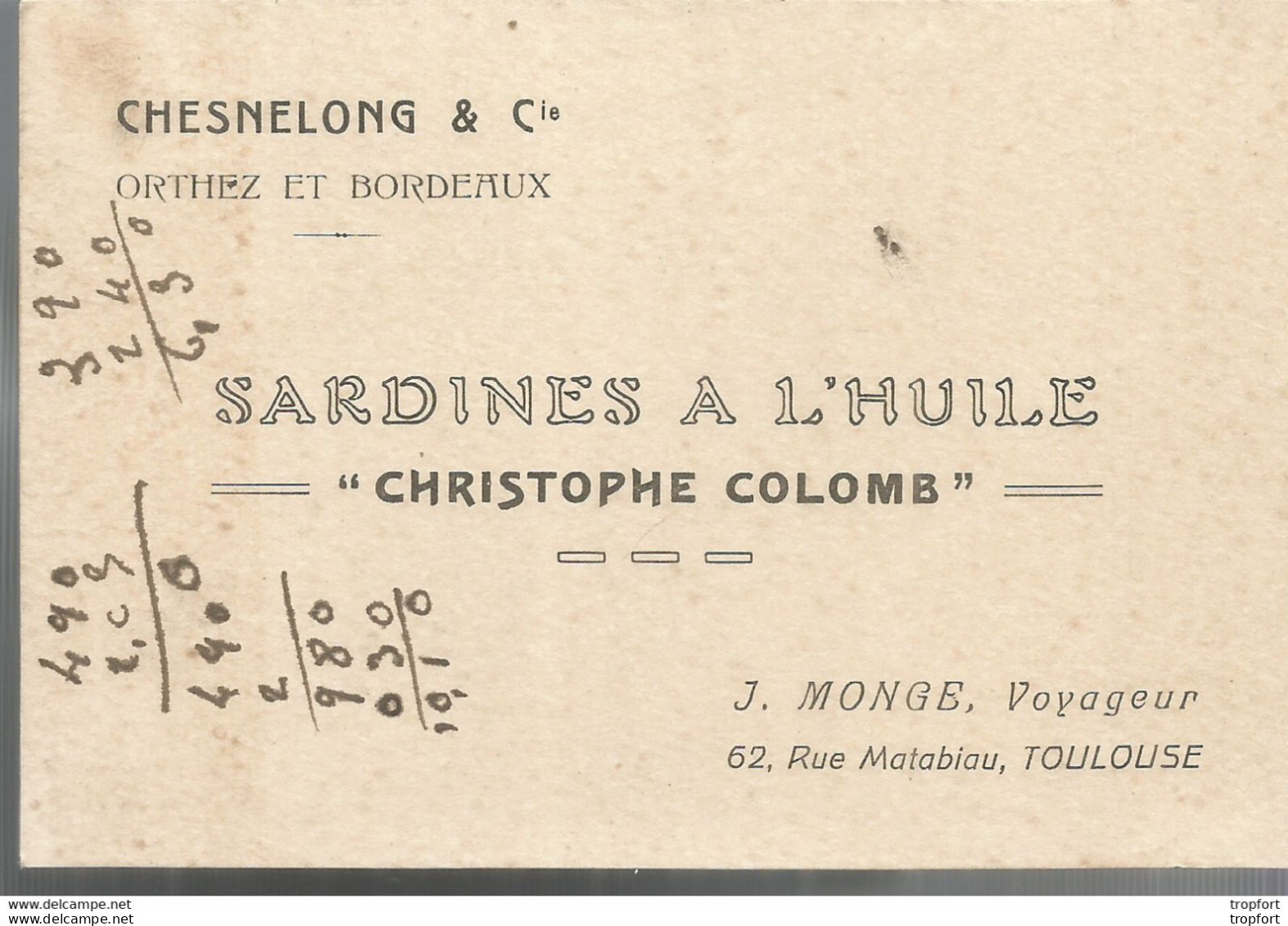 F152 / CDV Carte Publicitaire De Visite PUB Advertising Card / TOULOUSE Sardines à L'huile CRISTOPHE COLOMB - Visiting Cards