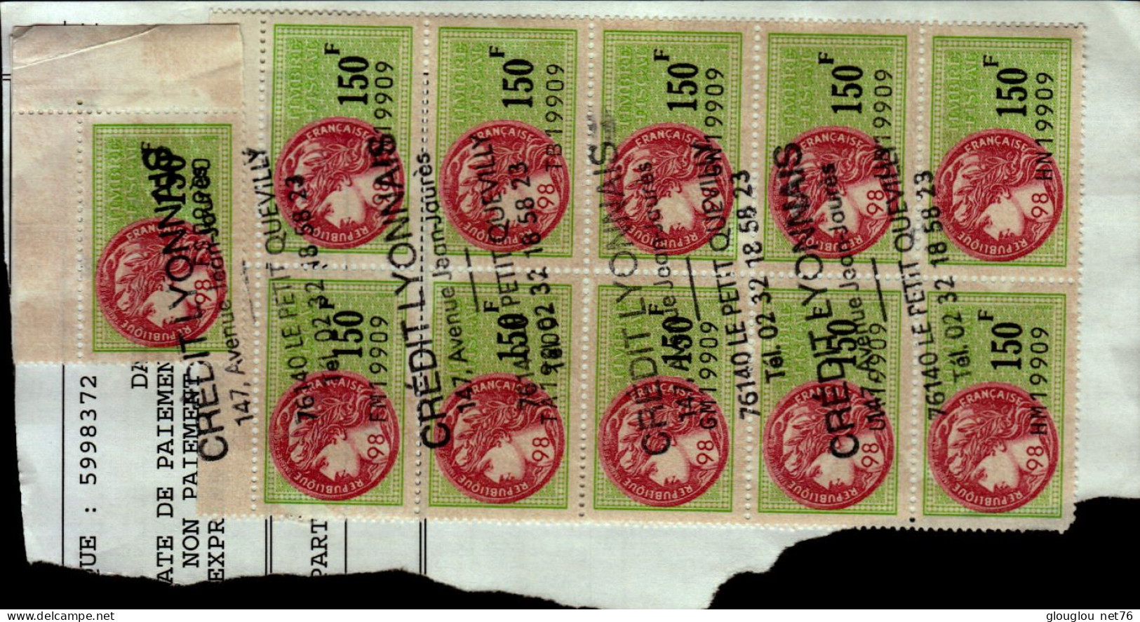 11 TIMBRES FISCAUX A 150F    ..COLLES SUR UNE FEUILLE - Timbres