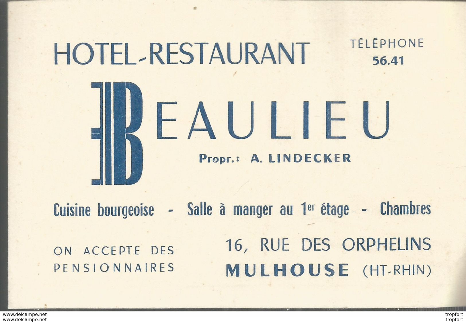 FF152 / CDV Carte Publicitaire De Visite PUB Advertising Card / Hotel RESTAURANT BEAULIEU MULHOUSE Lindecker - Cartes De Visite