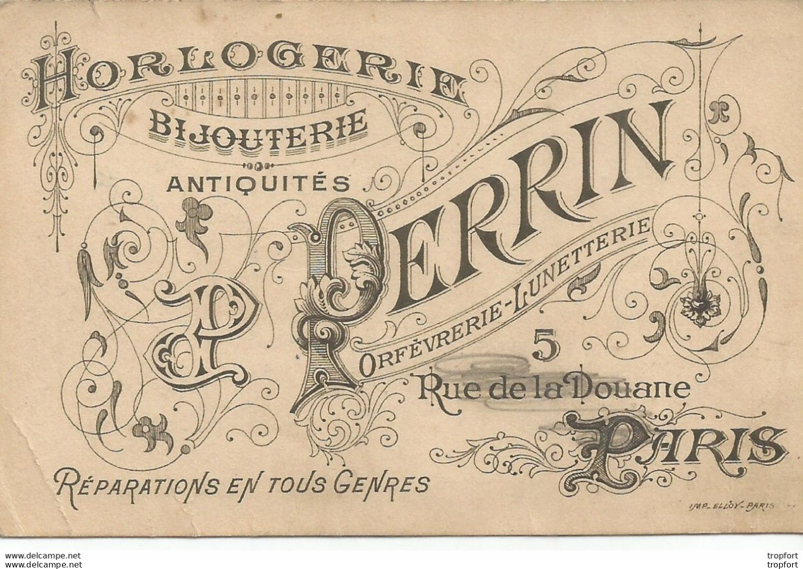CO / Carte De Visite Ancienne HORLOGERIE Bijouterie PERRIN Rue De La DOUANE PARIS Lunetterie Orfèvrerie Antiquités - Visitekaartjes