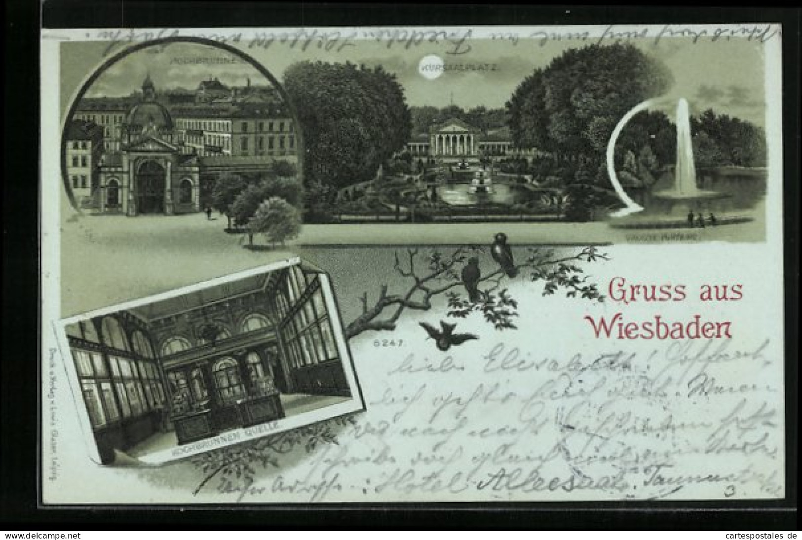 Mondschein-Lithographie Wiesbaden, Kochbrunne, Quelle, Grosse Fontaine, Kursaalplatz  - Wiesbaden