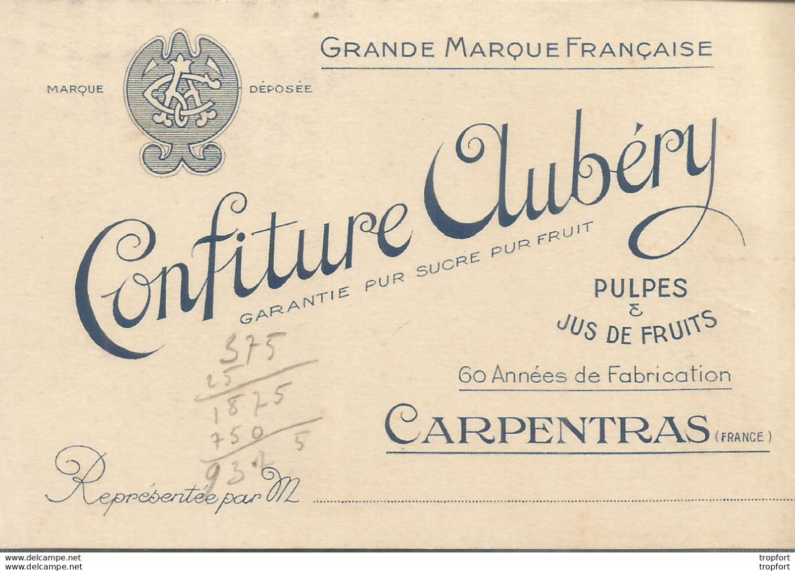 F152 / CDV Carte Publicitaire De Visite PUB Advertising Card / CARPENTRAS Confiture AUBERY Jus De Fruits PULPES - Visitenkarten