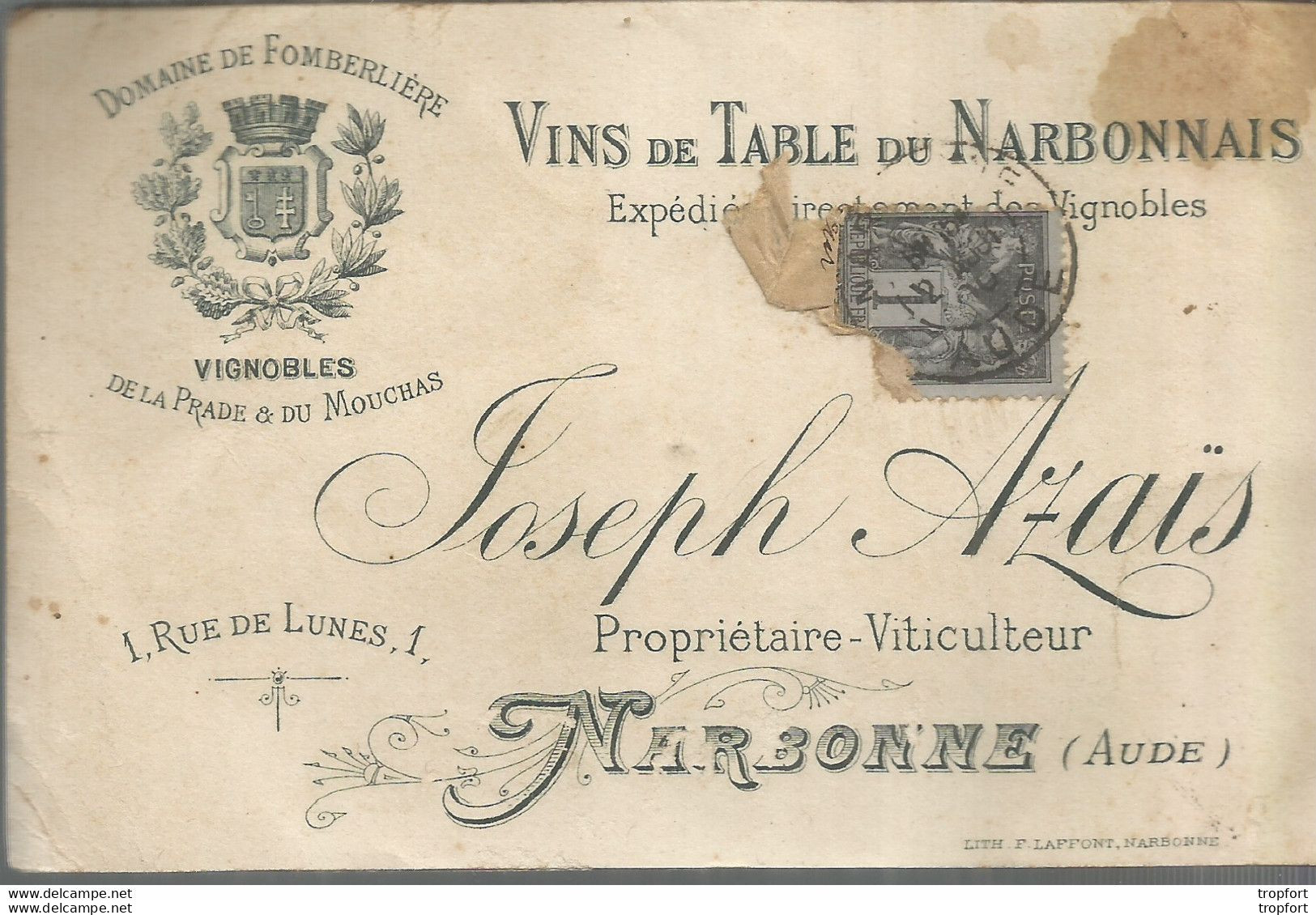 F152 / CDV Carte Publicitaire De Visite PUB Advertising Card / FEUILLET NARBONNE Vin De Table FOMBERLIERE DOMAINE AZAIS - Visitekaartjes