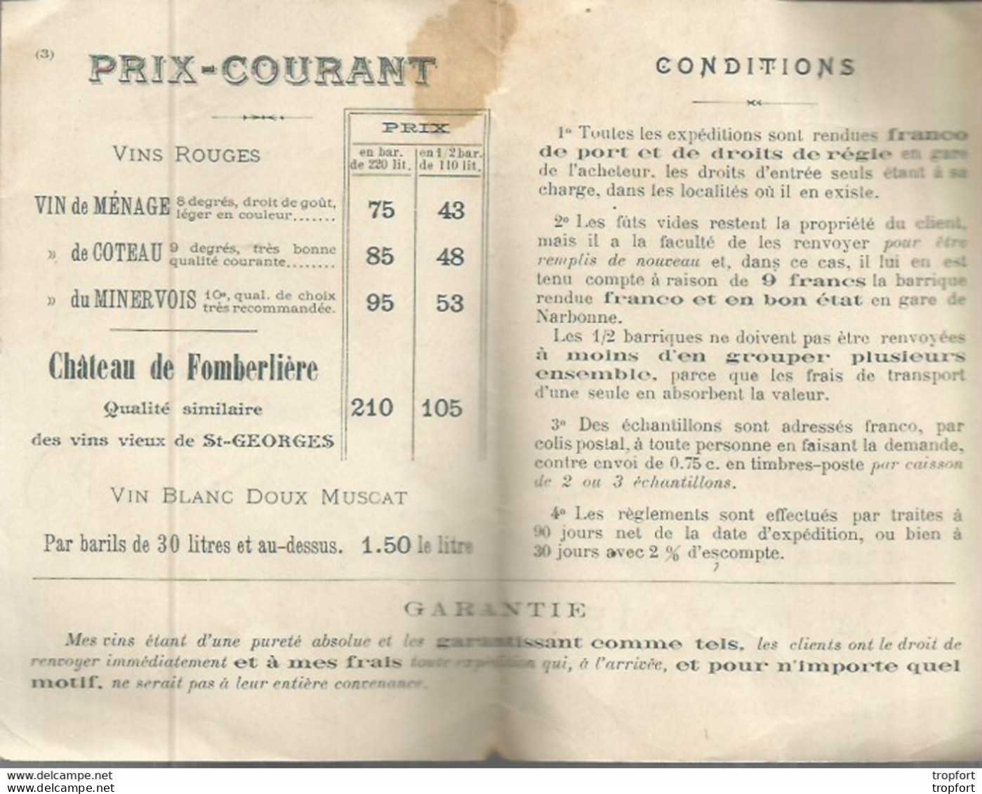 F152 / CDV Carte Publicitaire De Visite PUB Advertising Card / FEUILLET NARBONNE Vin De Table FOMBERLIERE DOMAINE AZAIS - Visitekaartjes