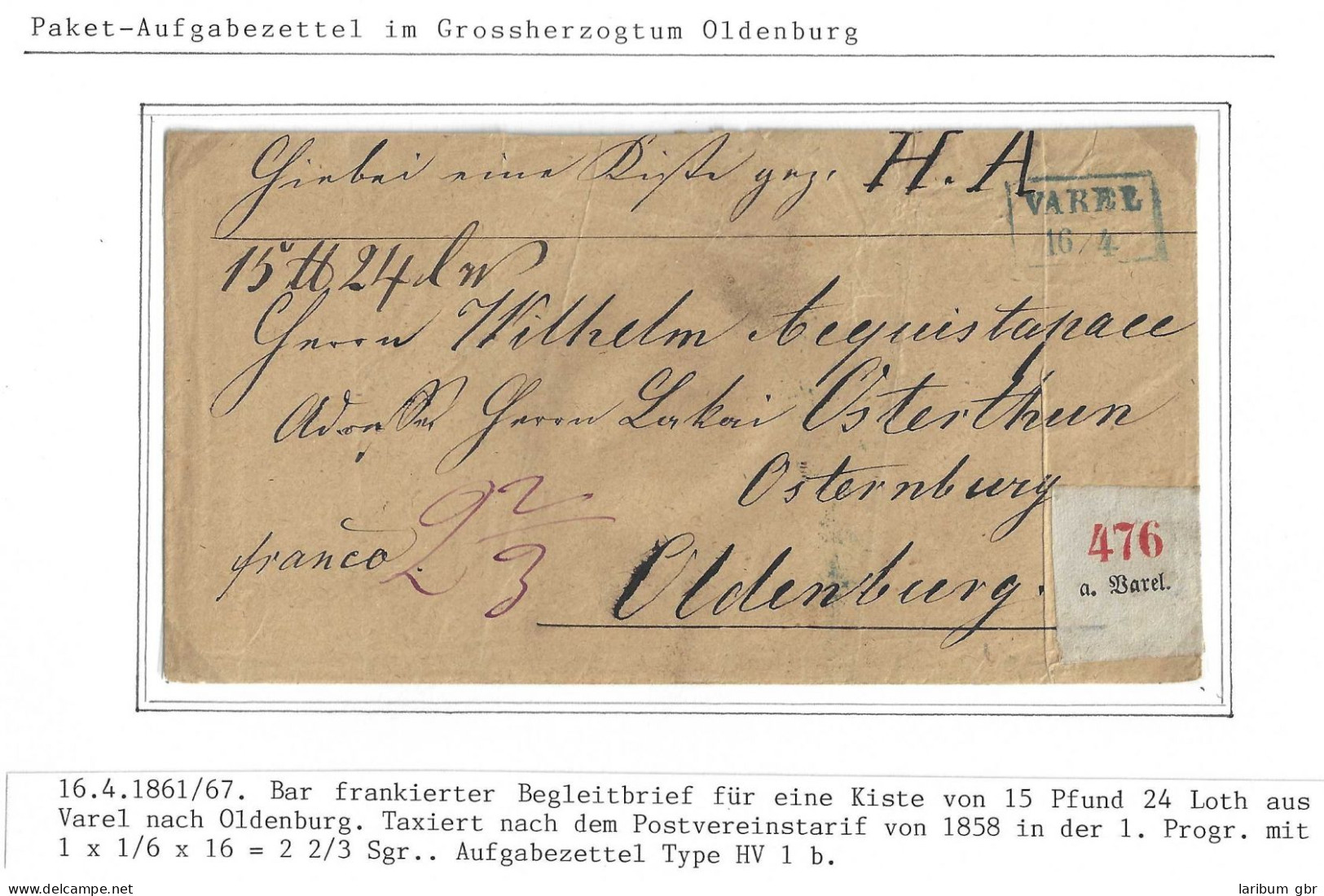 Oldenburg Paketbegleitbrief Aus Varel Nach Oldenburg #IB929 - Oldenbourg