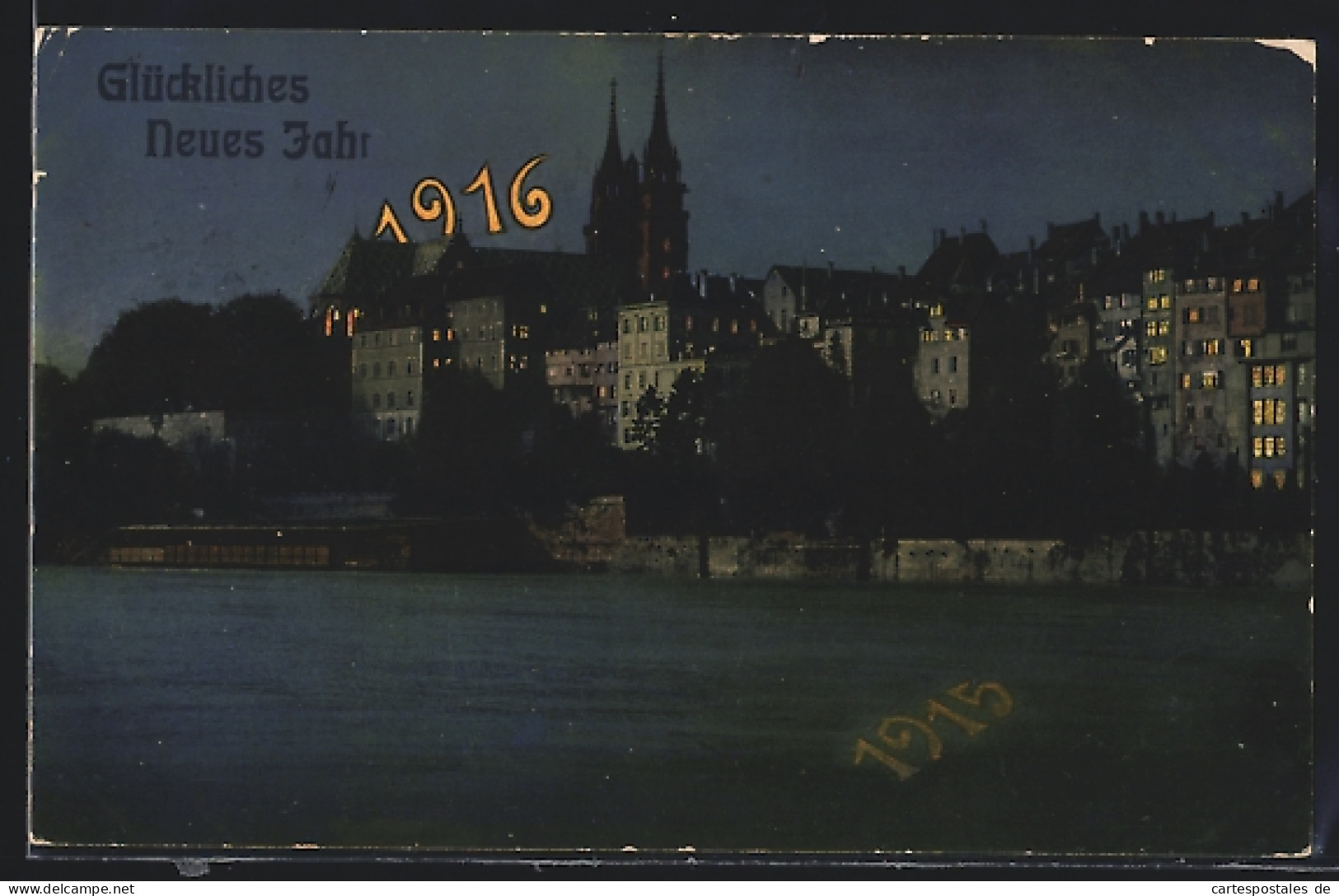 AK Basel, Nächtliches Panorama, Neujahrsgruss 1916  - Bâle