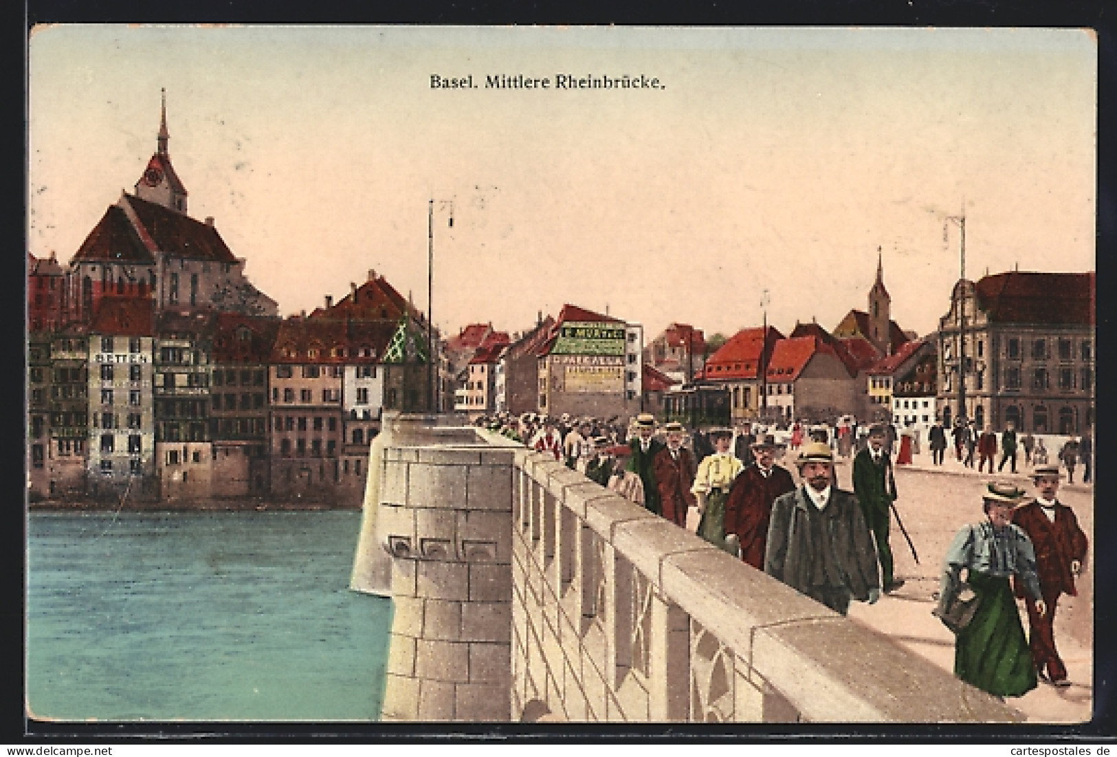 AK Basel, Mittlere Rheinbrücke Mit Passanten  - Basilea