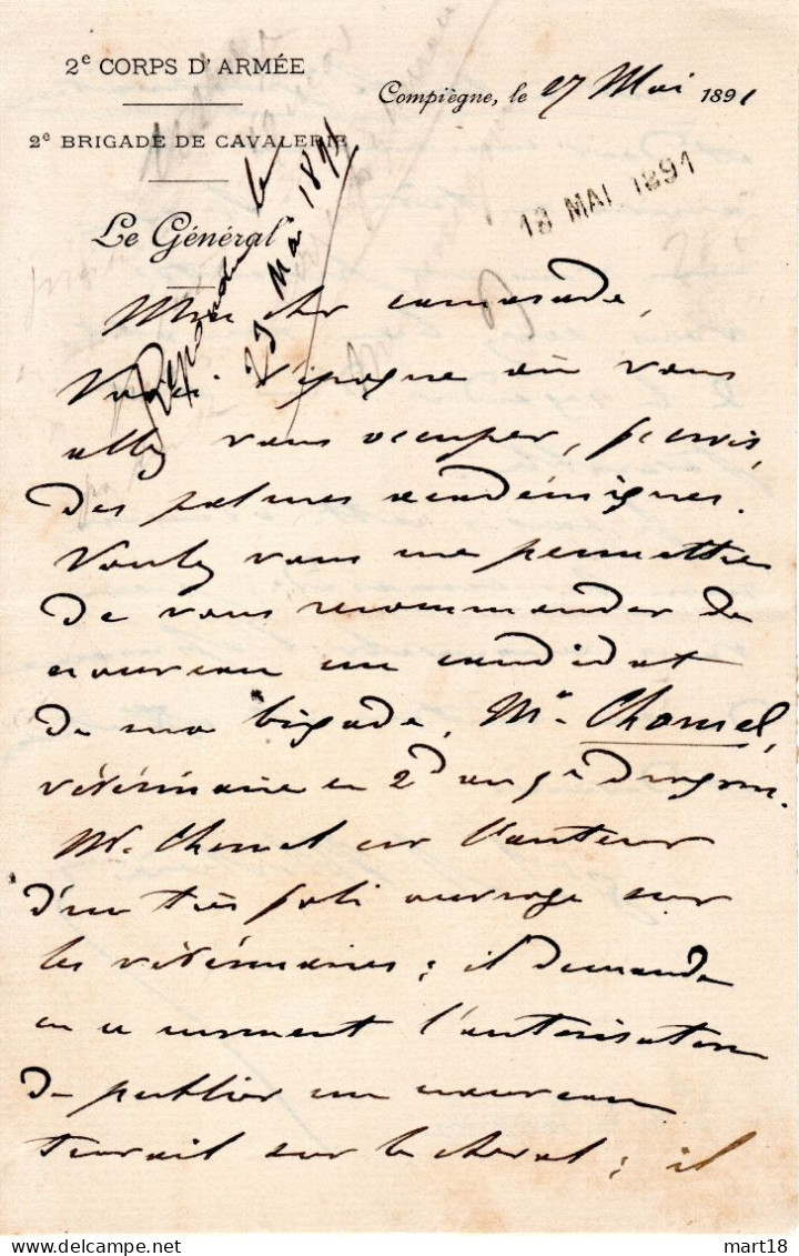 Lettre Manuscrite Et Signée - 1891 - Général De La MORLIERE - Compiègne (60) - - Politiques & Militaires