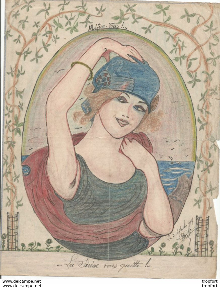 D9 / Cartoon / Dessin Année 1917 // Dessin Dessinateur Signé Original Pastel Couleur // La Sirène Vous Quitte ! - Drawings