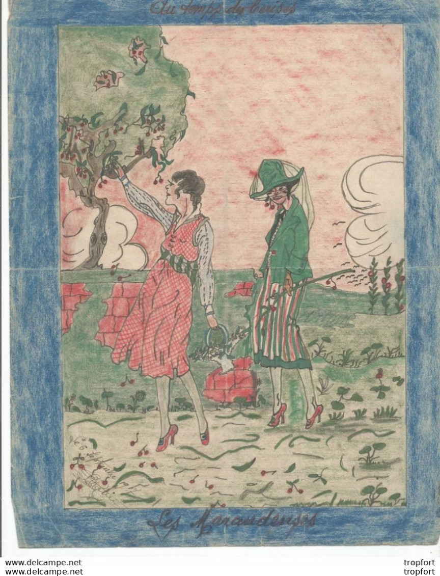 D9 / Cartoon / Dessin DESSINATEUR Année 1917 // Dessin Signé Original Pastel Couleur // Les MARAUDEUSES Cerise Cueillir - Disegni