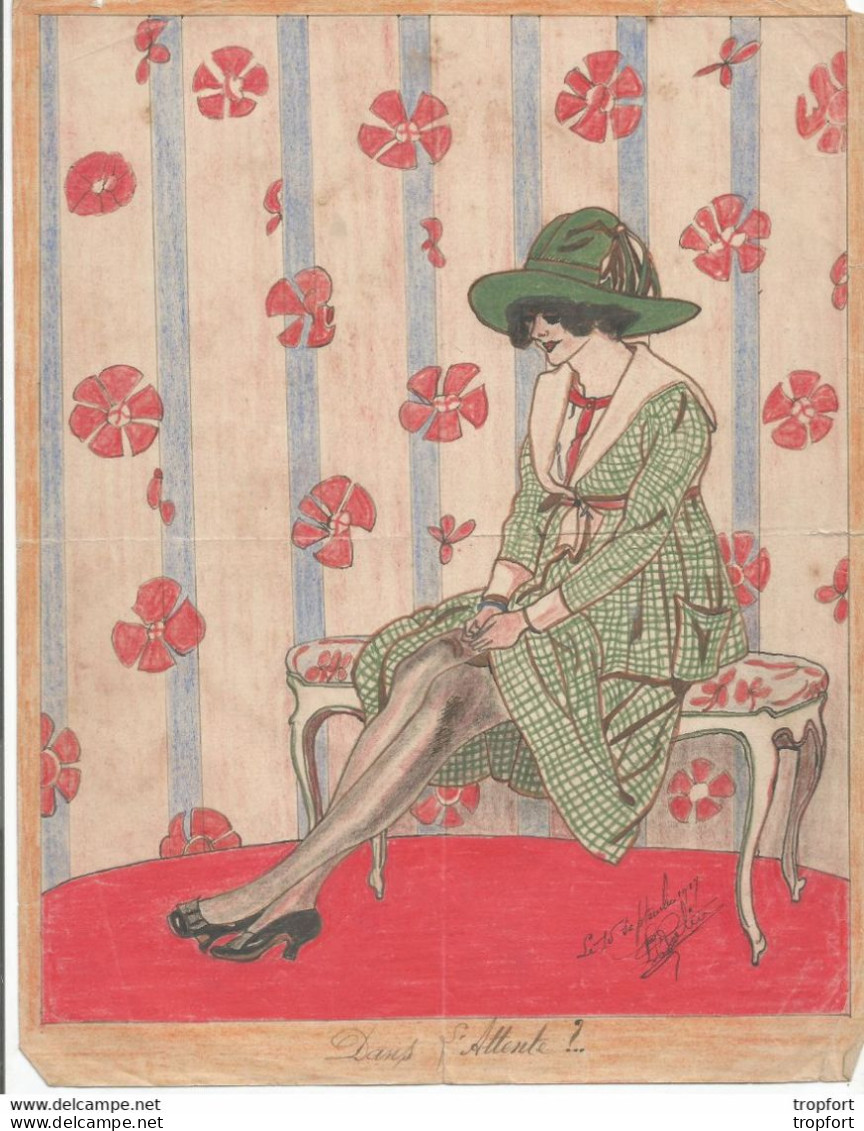 D9 / Cartoon / Dessin DESSINATEUR Année 1917 // Dessin Signé Original Pastel Couleur // Dans L'attente Femme Assise - Drawings