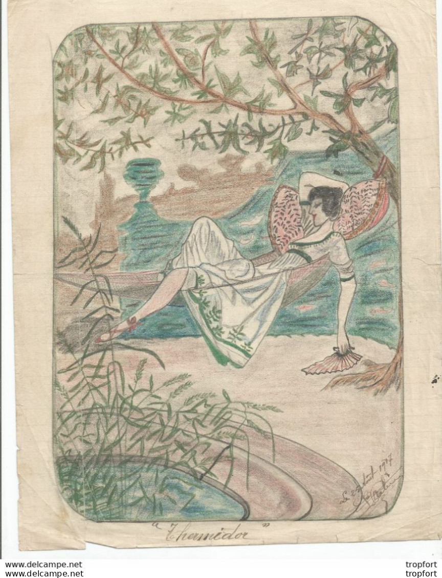 D9 / Cartoon / Dessin DESSINATEUR Année 1917 // Dessin Signé Original Pastel Couleur // THERMIDOR Hamac Femme - Tekeningen