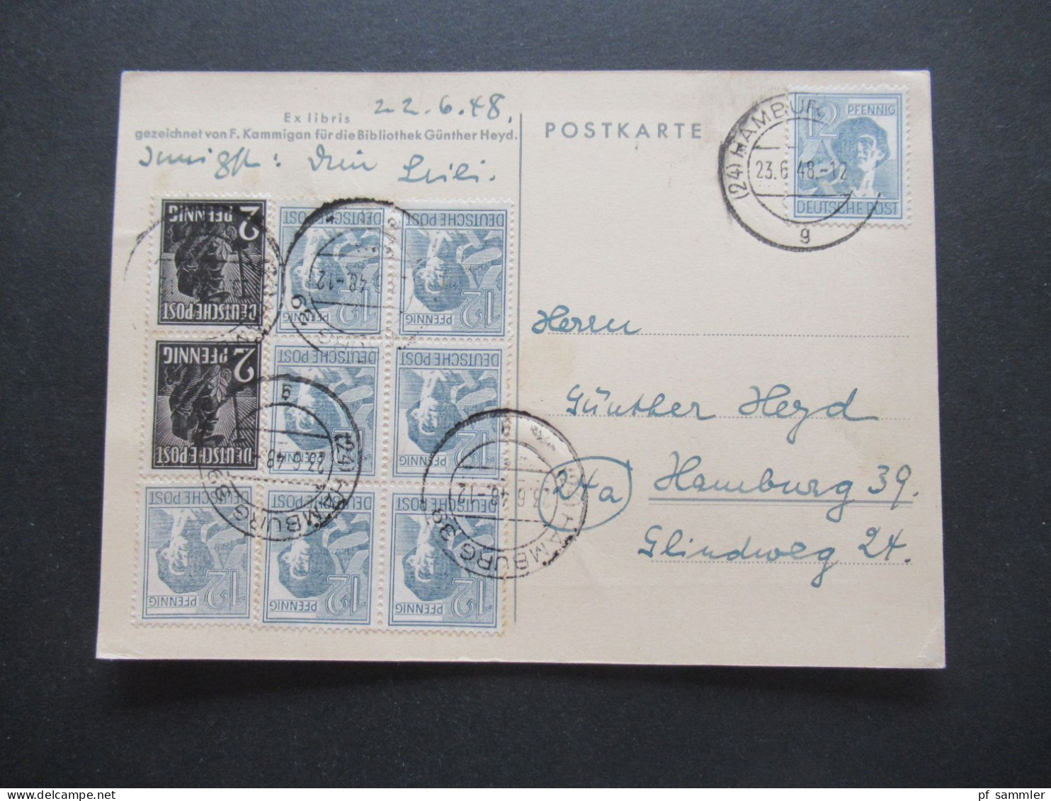 Bizone Währungsreform ZF Zehnfachfrankatur 23.6.1948 Orts PK Hamburg Ex Libris F. Kammigan Bibliothek Günther Heyd - Storia Postale