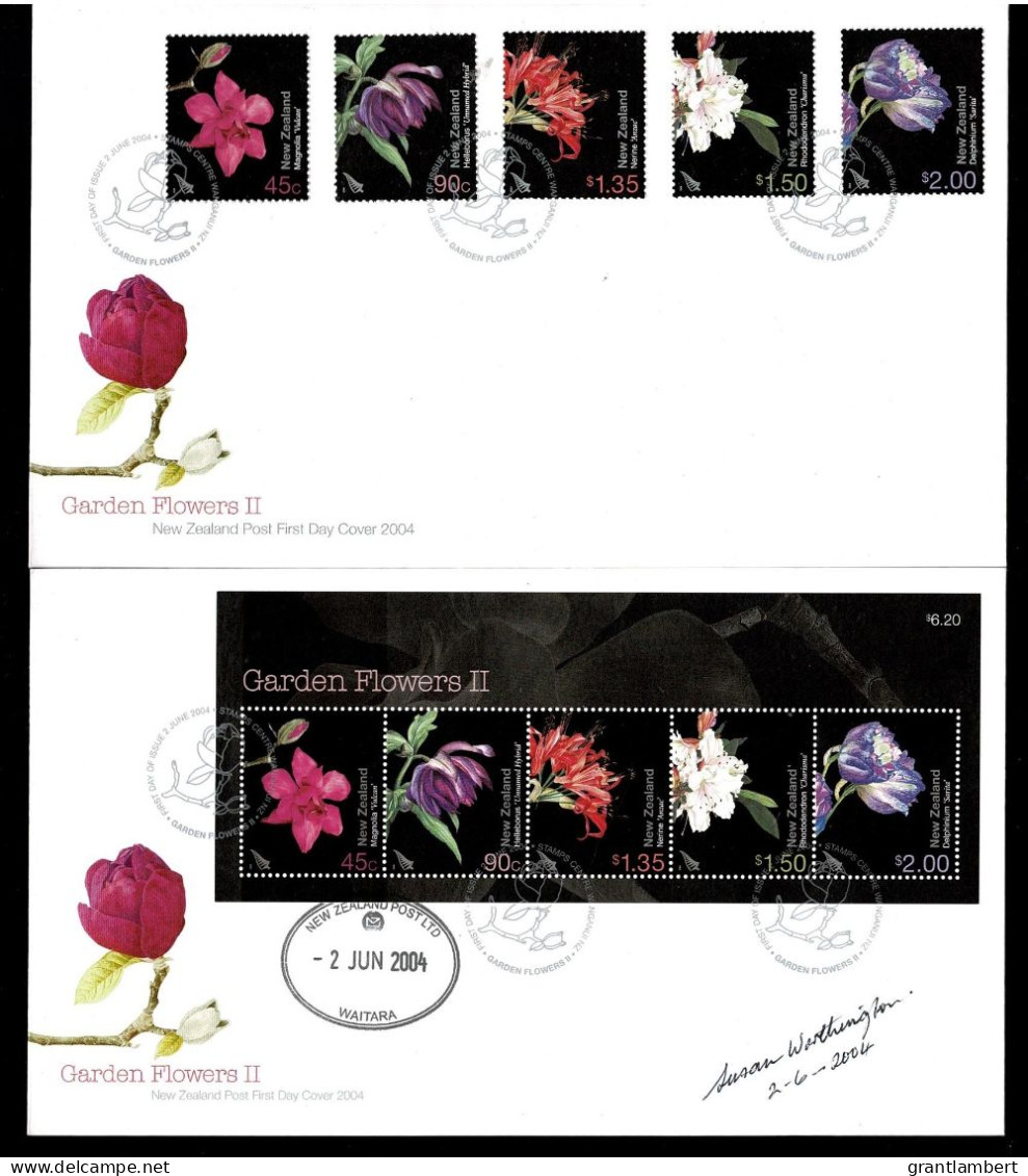 New Zealand 2004 Garden Flowers  II  Set Of 2 FDCs -  One Signed By Designer - FDC