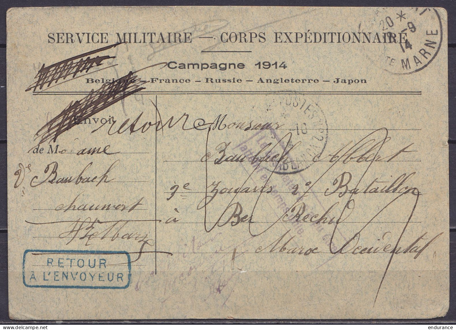 CP En Franchise "SERVICE MILITAIRE - CORPS EXPEDITIONNAIRE / Campagne 1914" Càd CHAUMONT /13-9-1914 Pour Zouave à BER RE - Guerra De 1914-18