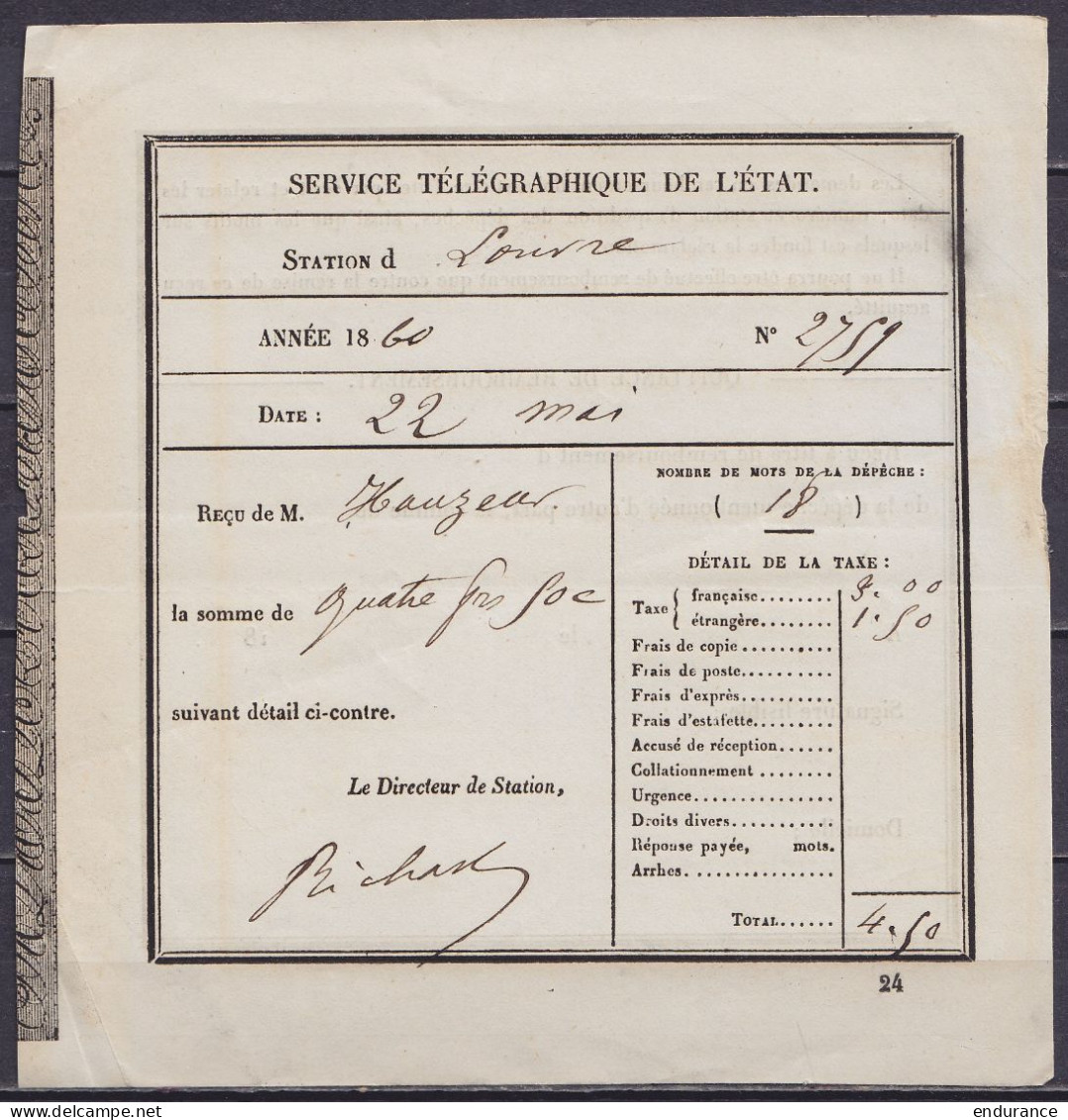 Reçu Service Télégraphique De L'Etat - Station De Paris (Louvre) 22 Mai 1860 - Telegramas Y Teléfonos