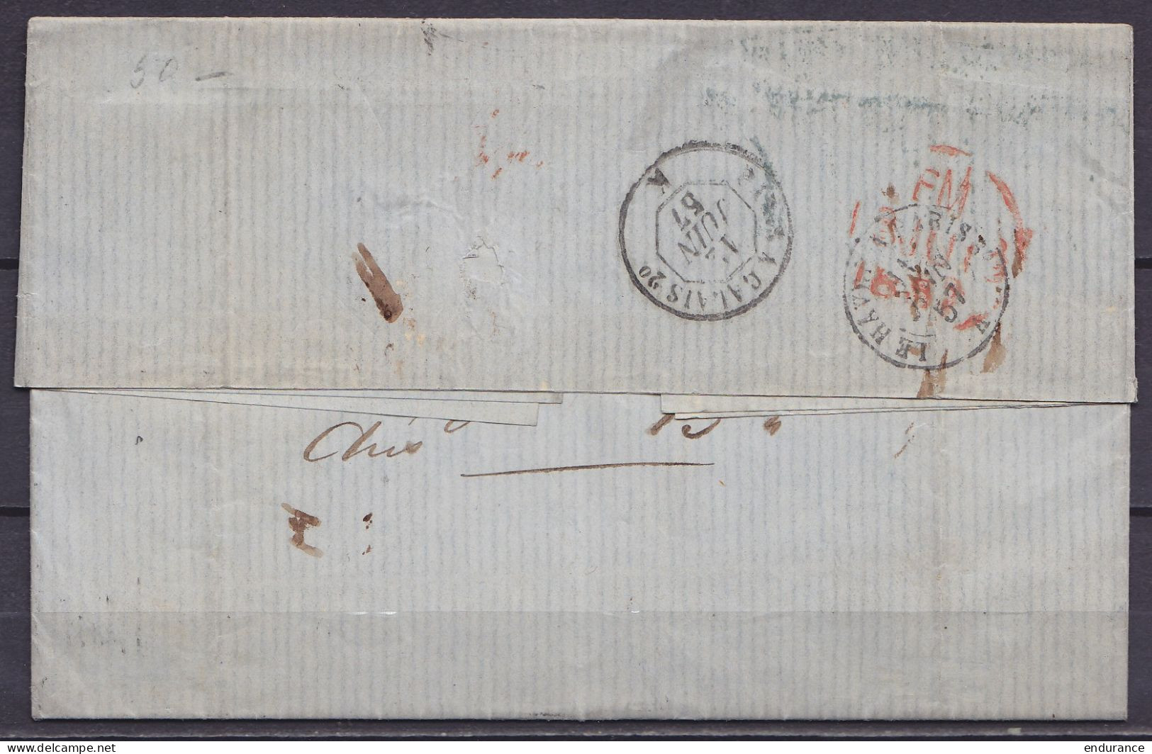 L. Affr. 14A Càd LE HAVRE /11 JUIN 1857 Pour LONDRES - Griffes [AFFRANCHISEMENT INSUFFISANT] & Lin. "MORE-TO-PAY" - Port - 1853-1860 Napoleon III