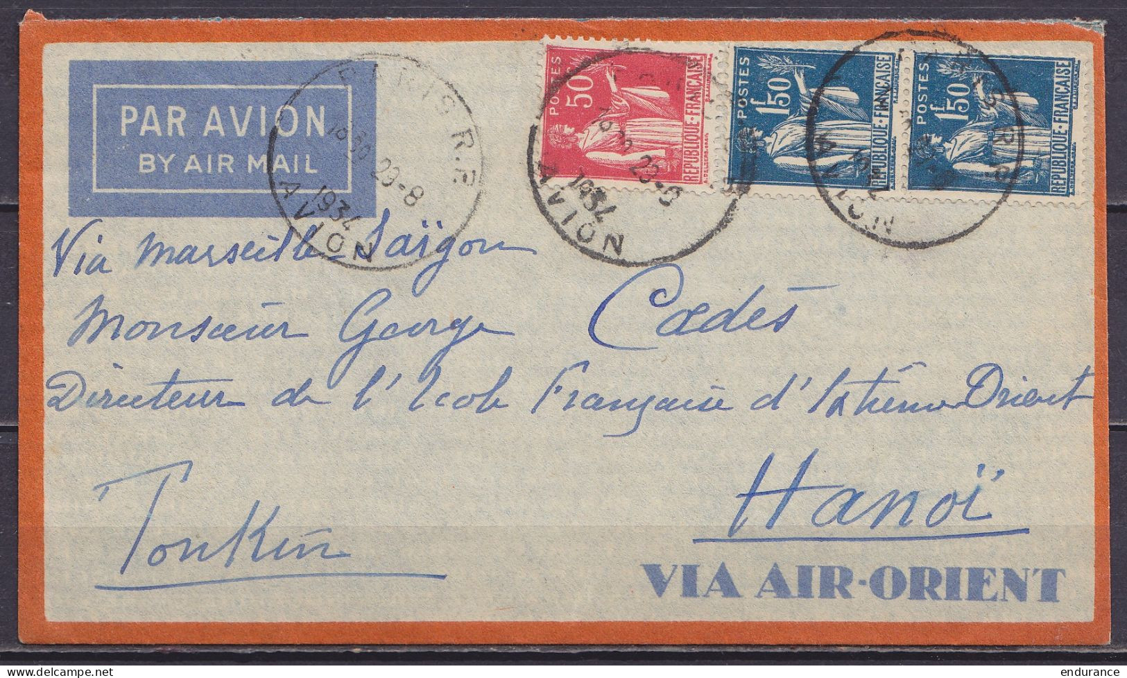 Env. Par Avion "VIA AIR ORIENT" Affr. 2x N°288 + N°283 Càd "PARIS R.P. /23-8-1934/ AVION" Pour Directeur De L'Ecole Fran - 1927-1959 Storia Postale