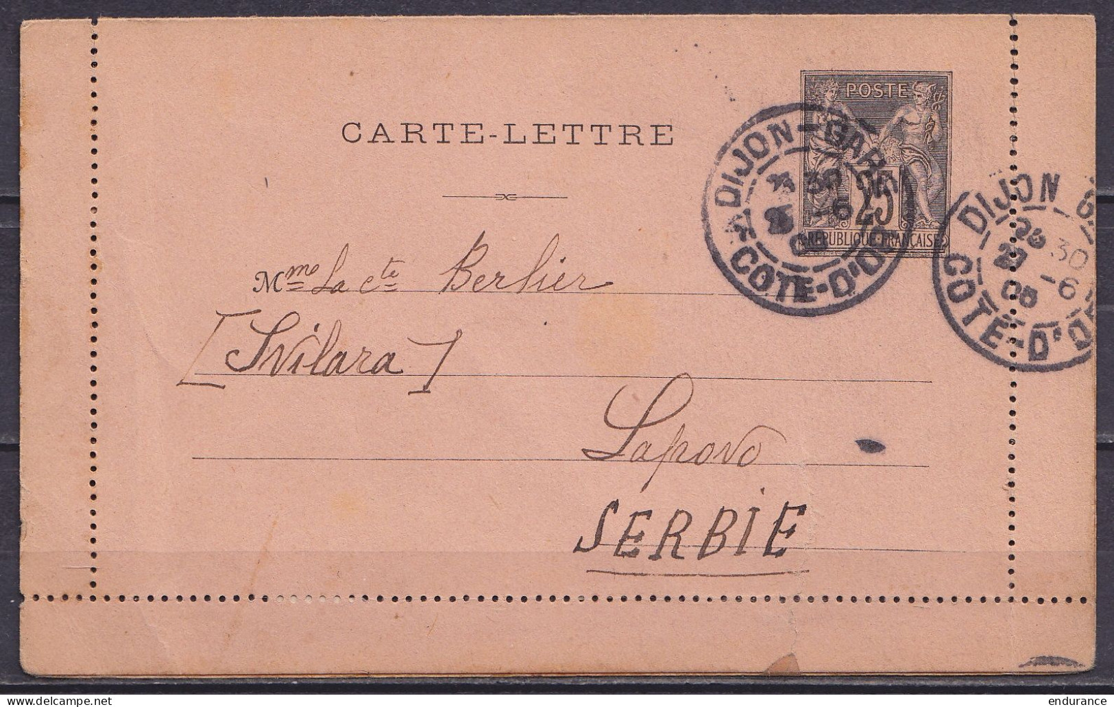 EP Carte-lettre 25c Noir Sage Càd DIJON-GARE /20-6-1905 Pour LAPOVO Serbie (au Dos: Càd Arrivée LAPOVO) - Cartes-lettres