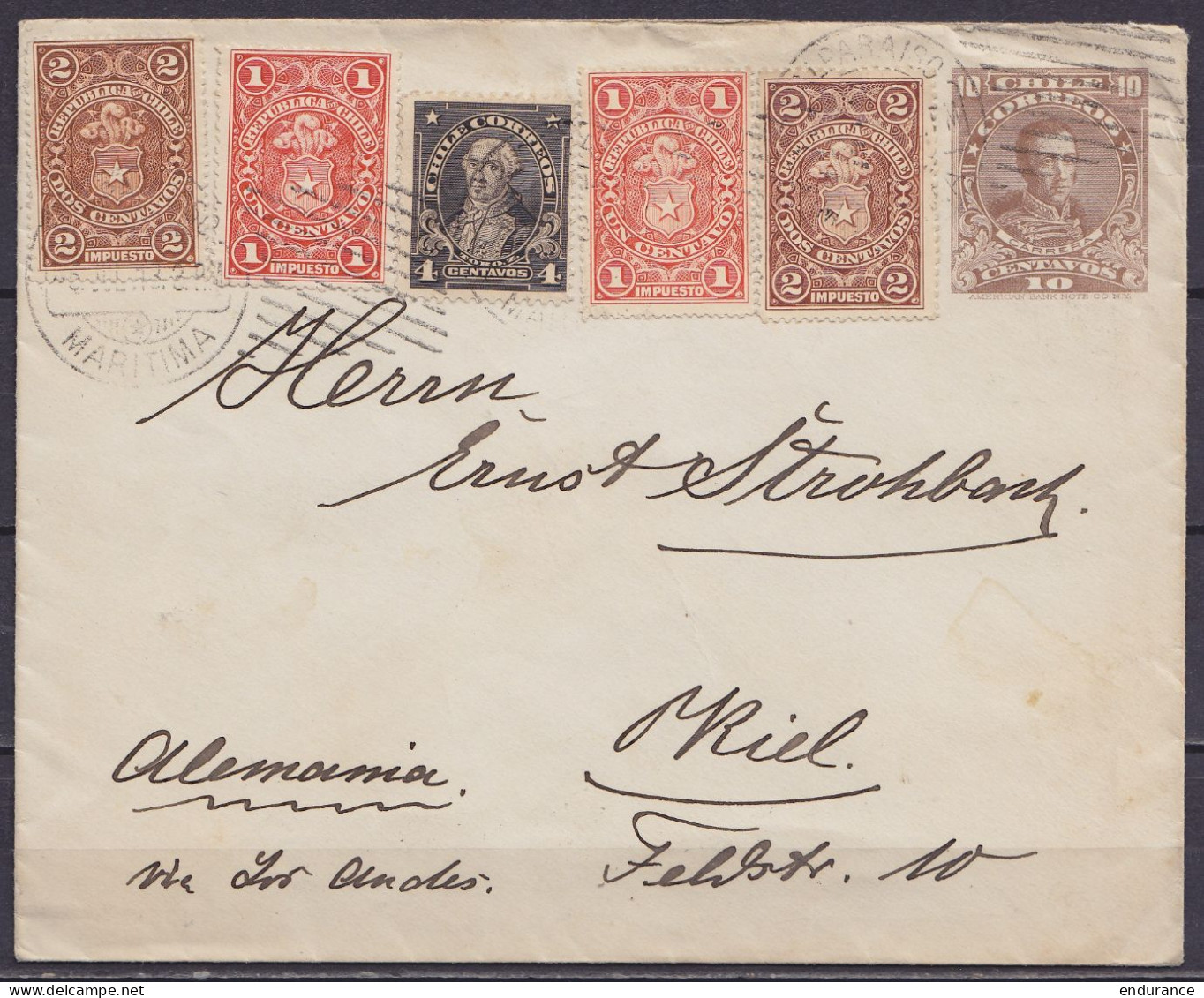 Chili - EP Env. 10ct + 10ct (timbres Fiscaux) Càd VALPARAISO /3 JUL.1913/ MARITIMA Pour KIEL (Allemagne) "via Los Andes" - Chili