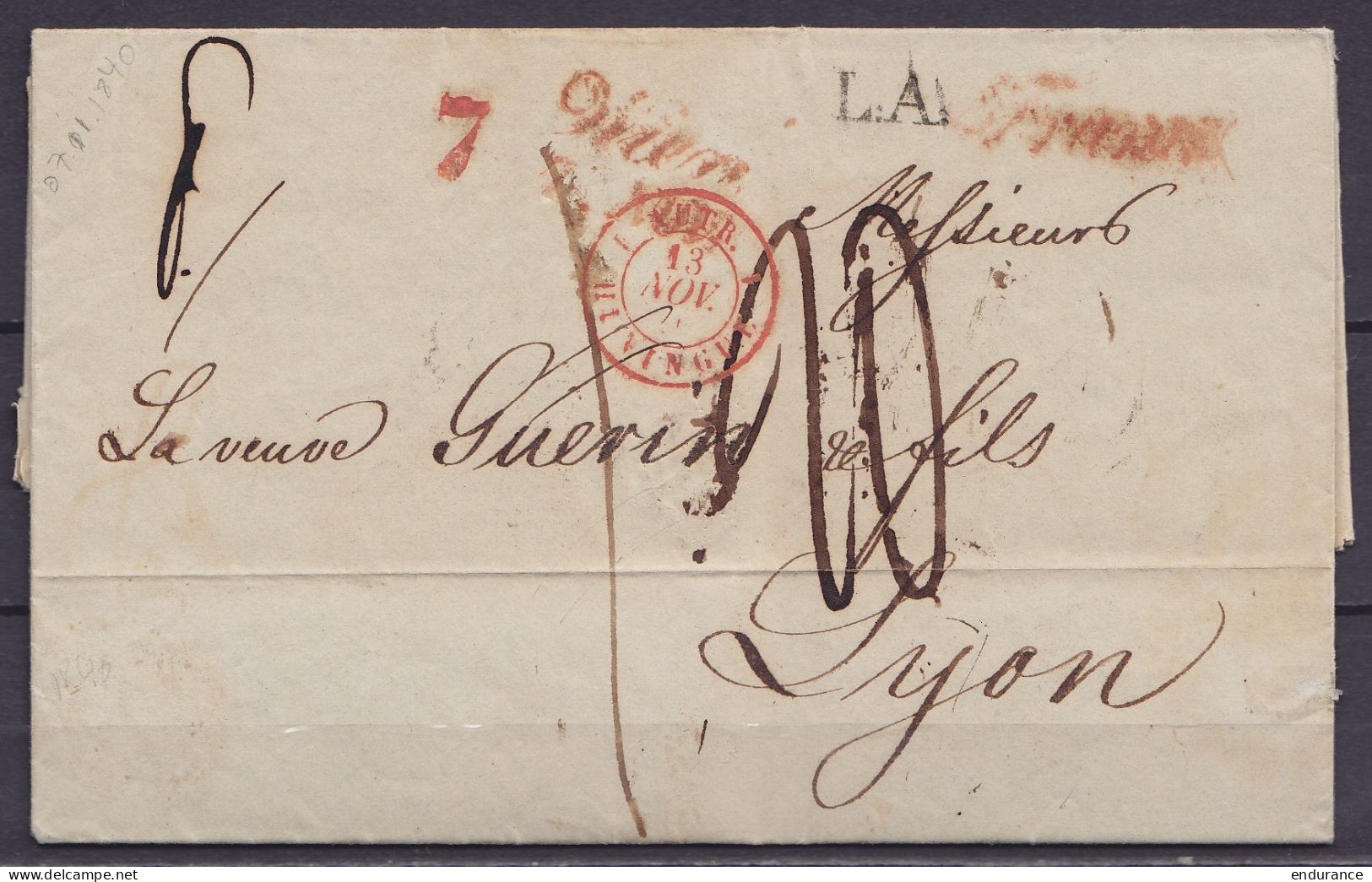 L. Datée 7 Novembre 1840 De VIENNE (Autriche) Pour LYON - Griffes "Wien" & "Franco" - Càd "AUTR. /13 NOV 40/ HUNINGUE" - - 1801-1848: Precursores XIX
