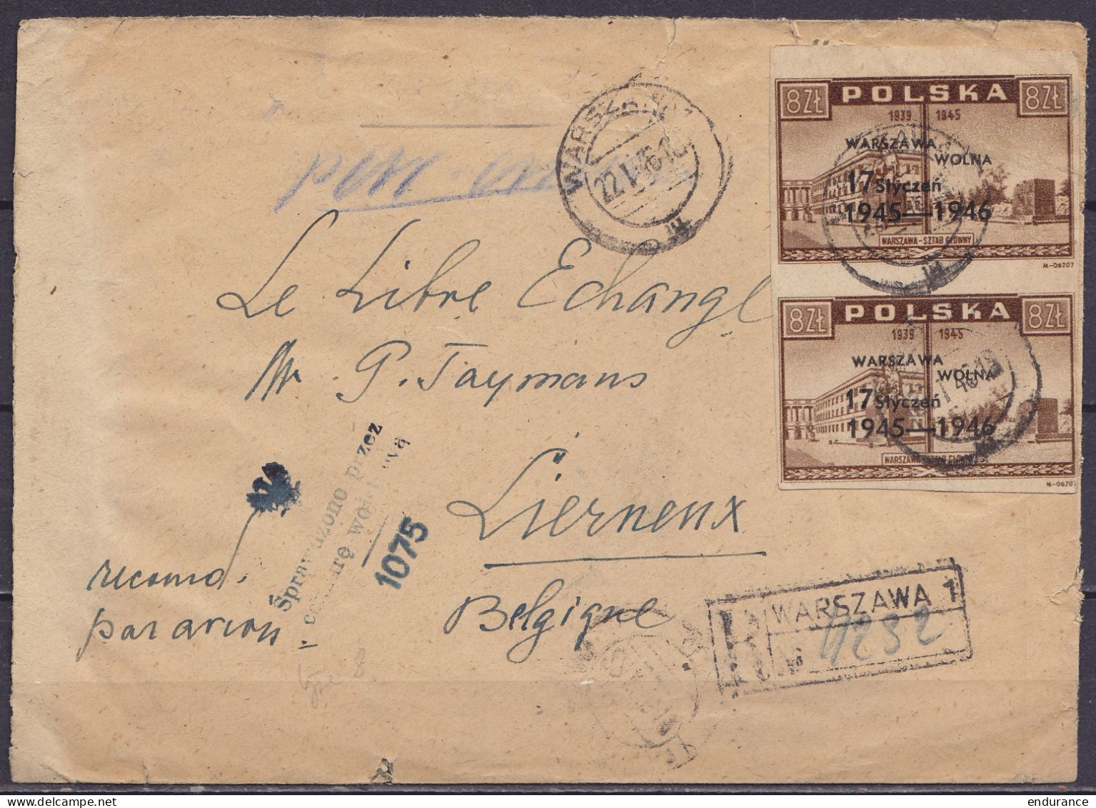 Pologne - L. Recommandée Par Avion Affr. 2x 8Zt N°476E (non-dentelés) Càpt WARSZAWA /22.I.1946 Pour LIERNEUX - Cachet Ce - Storia Postale