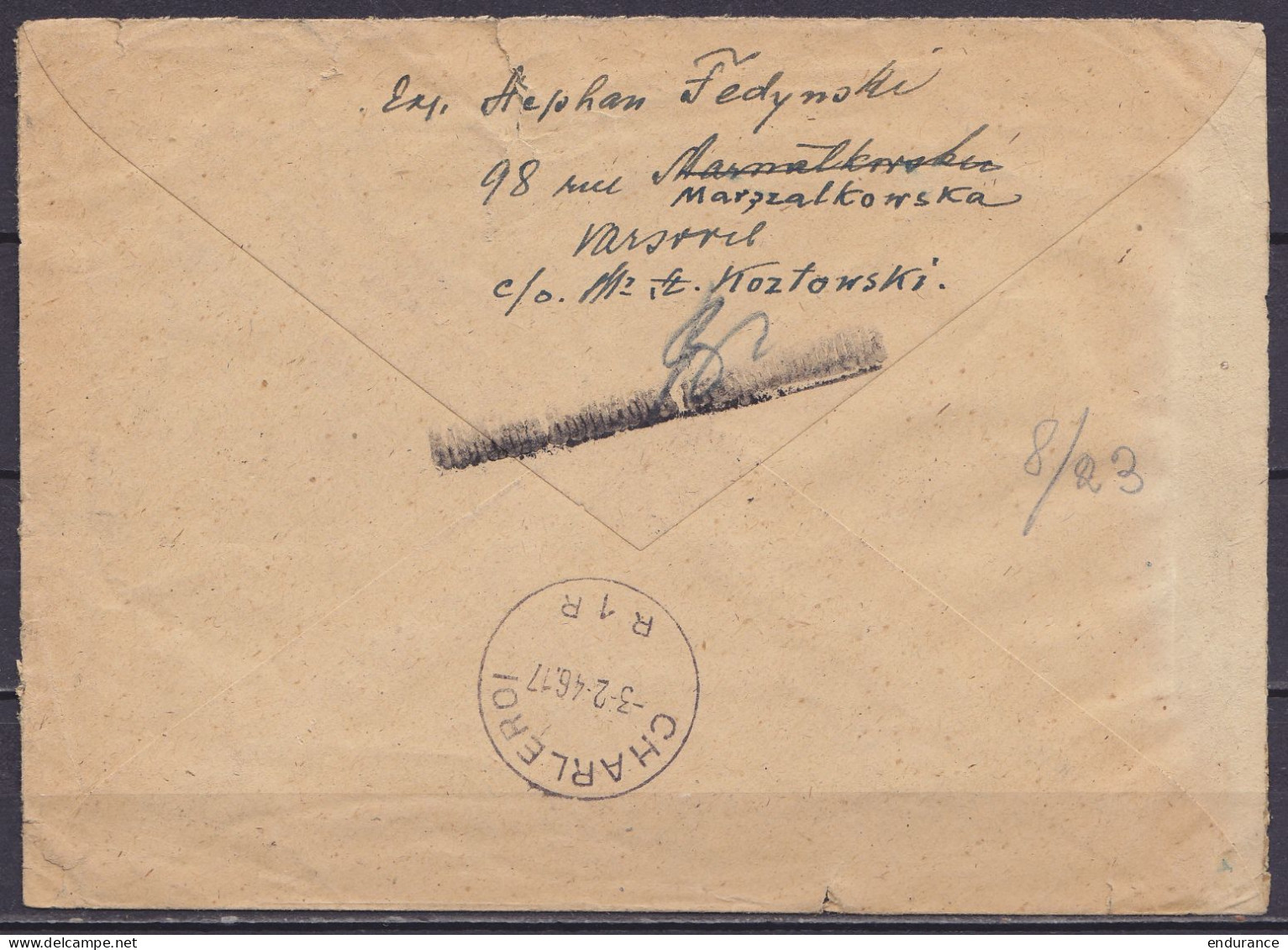 Pologne - L. Recommandée Par Avion Affr. 2x 8Zt N°476E (non-dentelés) Càpt WARSZAWA /22.I.1946 Pour LIERNEUX - Cachet Ce - Cartas & Documentos