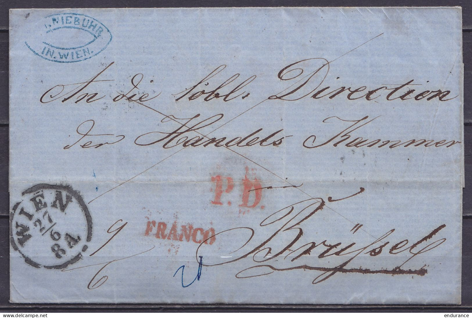 LSC (sans Contenu) Càd WIEN /27/6 (1857) Pour BRÜSSEL - Griffes "P.D." & "FRANCO" (au Dos: Càd Ambulant "ALLEMAGNE EST 2 - Covers & Documents