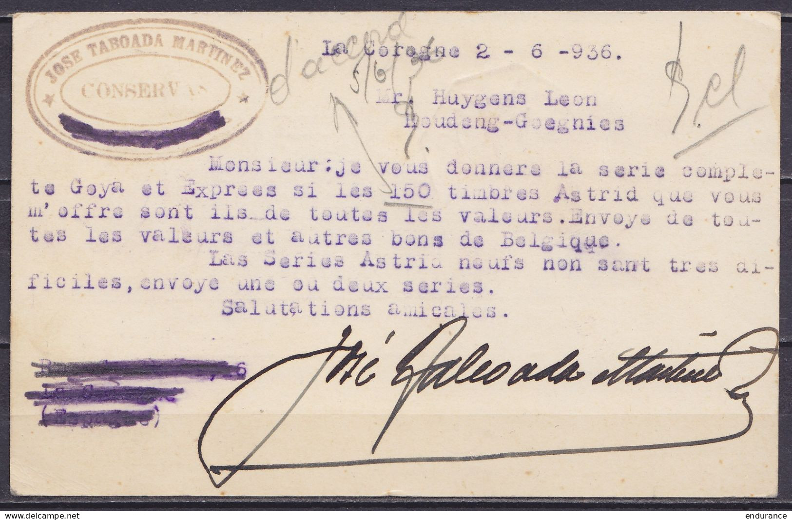 Espagne - EP CP Tarjeta Postal 15c + 10c - 2 Càd Différents LA CORUNA /-2.JUN 1936 Pour HOUDENG-GOEGNIES - Concerne écha - 1931-....