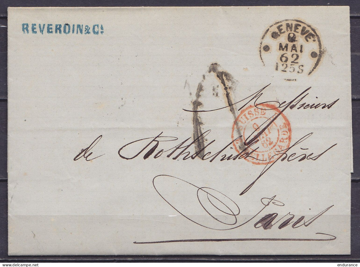 Suisse - L. Datée 8 Mai 1862 De GENEVE Càd  GENEVE /9 MAI 62 Pour PARIS - Càd "SUISSE 3 /9 MAI 62/ BELLEGARDE" (au Dos:  - Cartas & Documentos