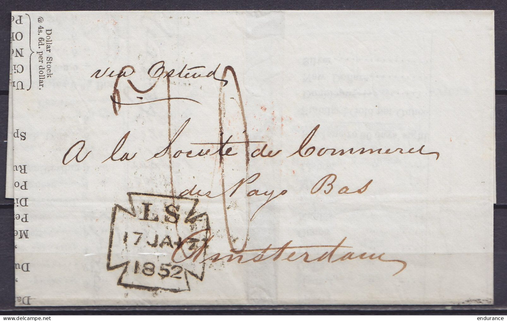 LSC (sans Contenu) De LONDRES Cachet Date Croix De Malte "LS /17 JA 1852" Pour AMSTERDAM - Port "10" (au Dos: Cachet "EN - ...-1852 Prephilately