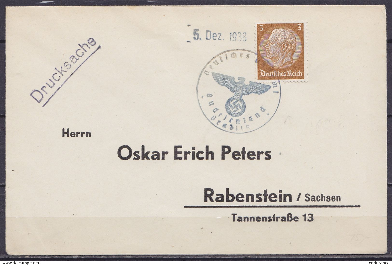 L. Préadressée (imprimé) "Drucksache" Affr. 3pf Annulé Par Cachet "Deutsches Postamt / Sudetenland / Graslik" & Date "5. - Storia Postale