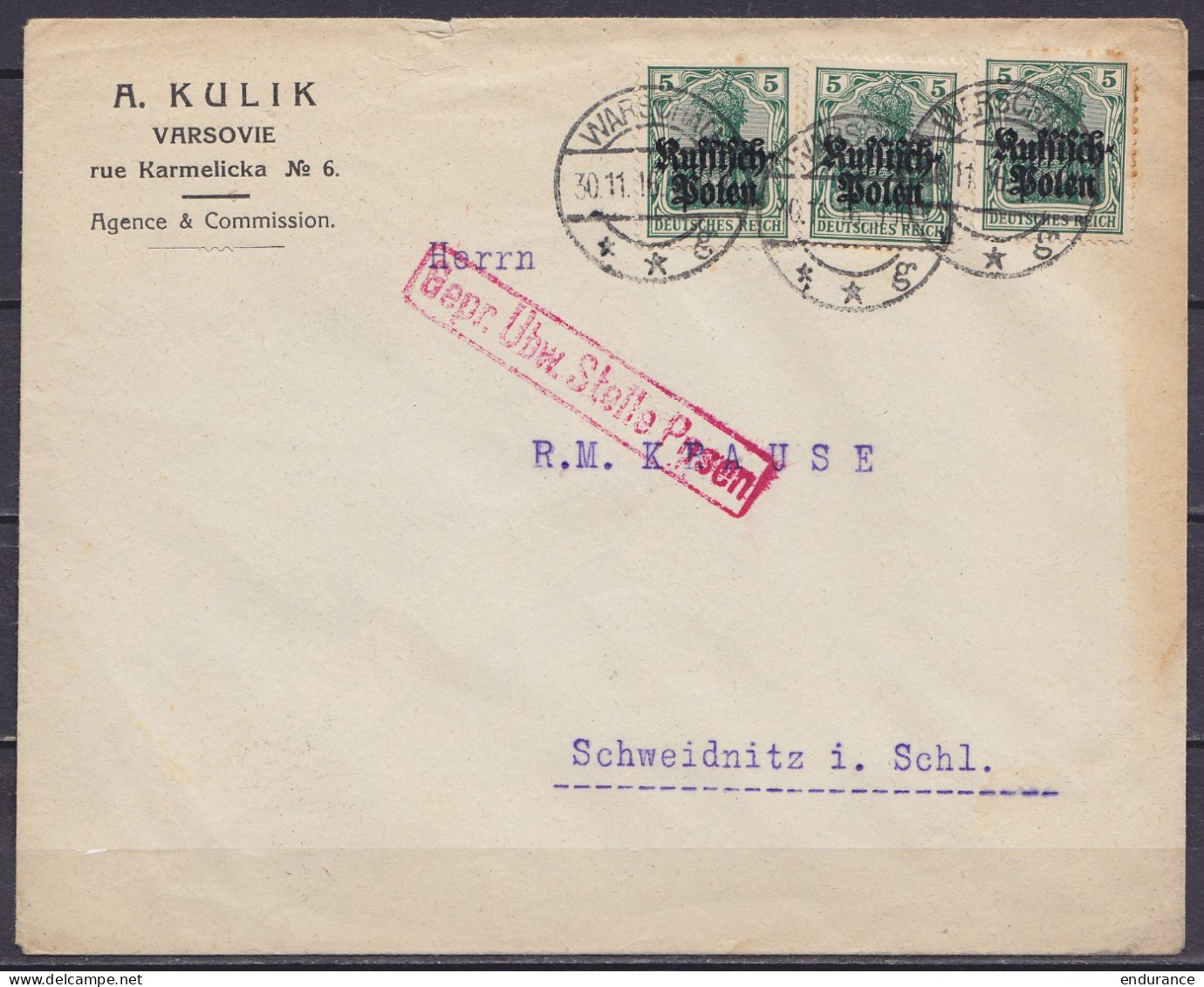 Occupation Allemande En Pologne - L. Affr. 3x 5pf Càpt WARSCHAU /30.11.1916 (Varsovie) Pour SCHWEIDNITZ (Œwidnica) - Gri - Storia Postale