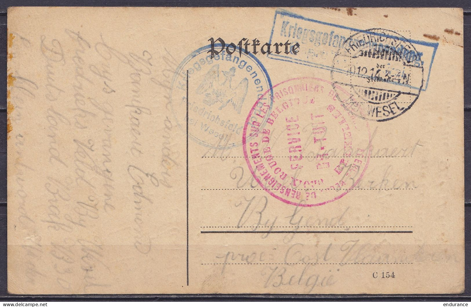 CP Postkarte En Franchise D'un Prisonnier Belge Càpt FRIEDRICHSFELD Bei WESEL /10.12.1914 Pour Sa Mère à URSEL BERKEN Pr - Kriegsgefangenschaft