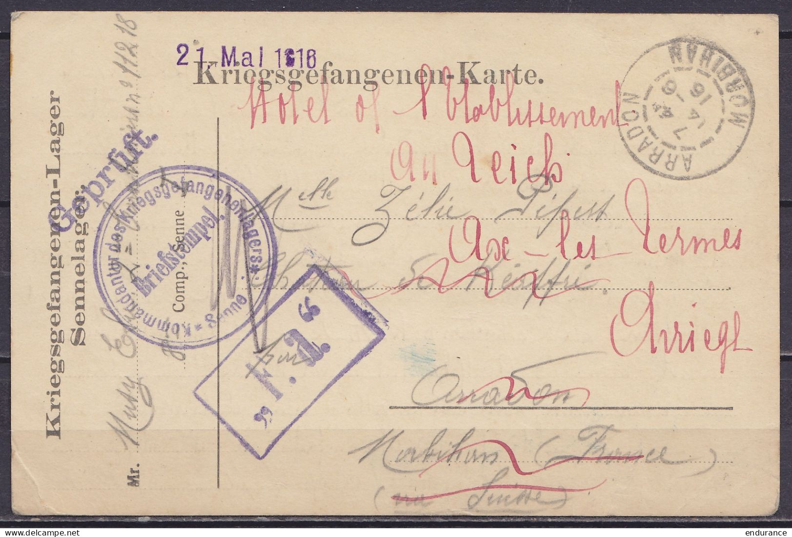 CP En Franchise Kriegsgefangenen-karte Datée 21 Mai 1916 Du Camp De Sennelager Pour ARRADON Via La Suisse Càd ARRADON /1 - Guerra De 1914-18