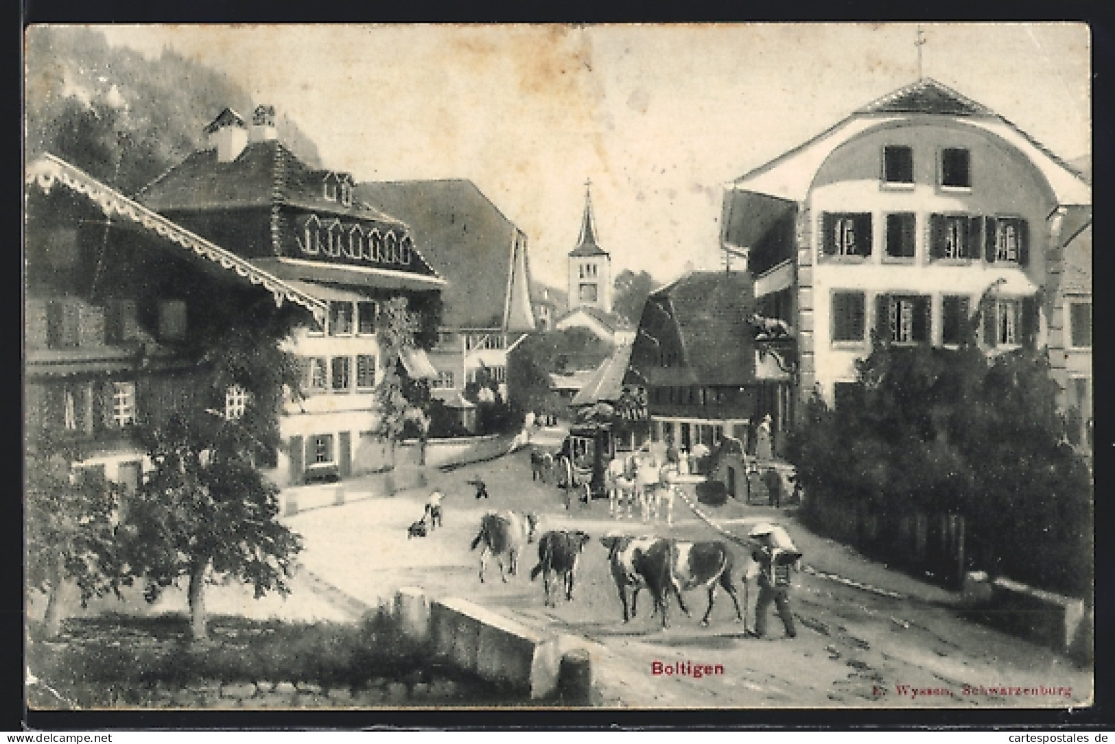 AK Boltigen, Strassenpartie Mit Kuhherde Und Kirche  - Boltigen