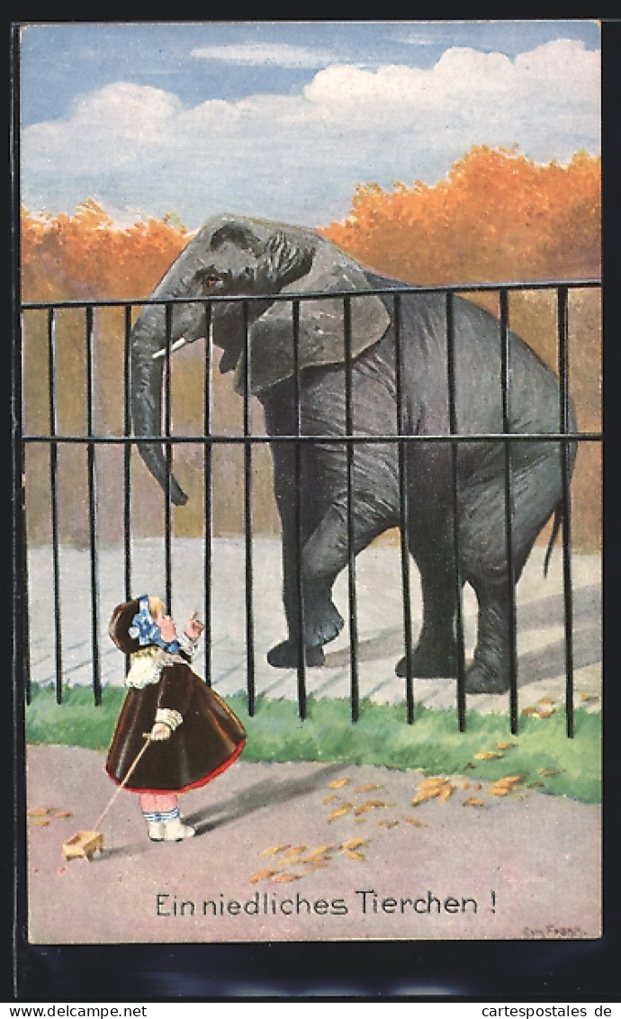 Künstler-AK Elly Frank: Kind Im Zoo Vor Elefant  - Elephants